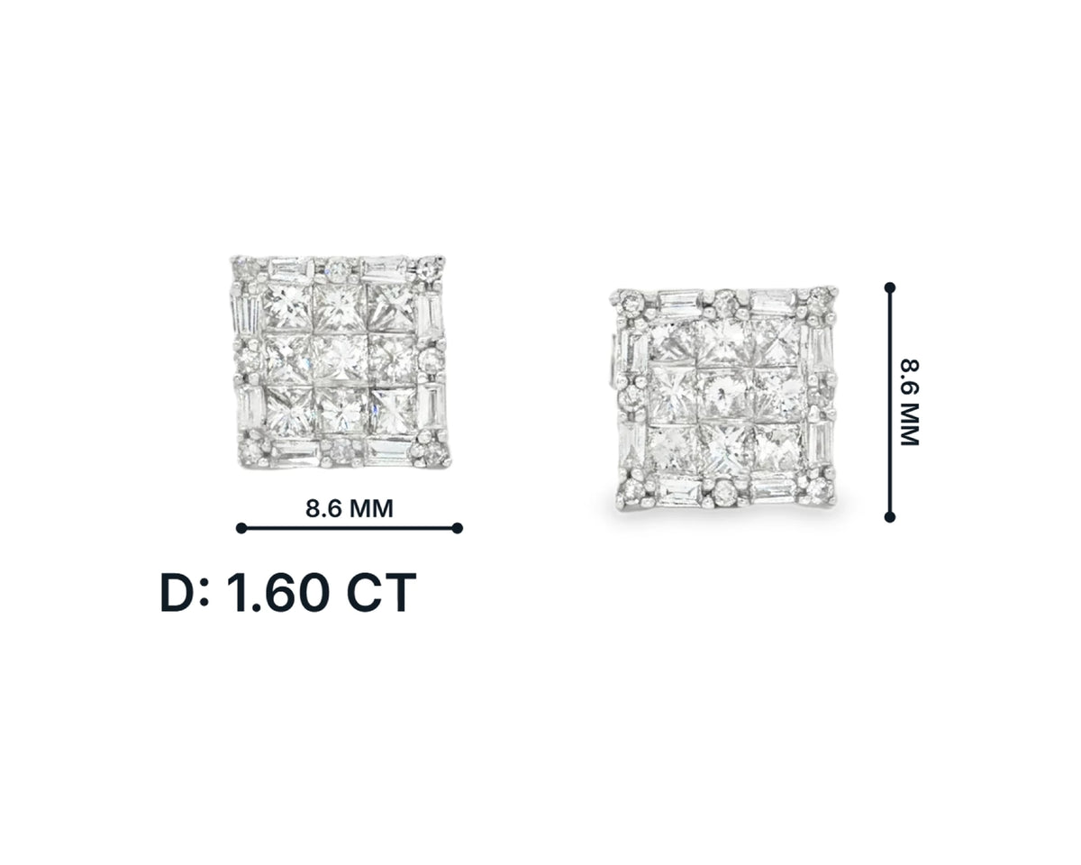 14K Gold Natural Diamond Square Stud Earrings 1.60 CT – front view