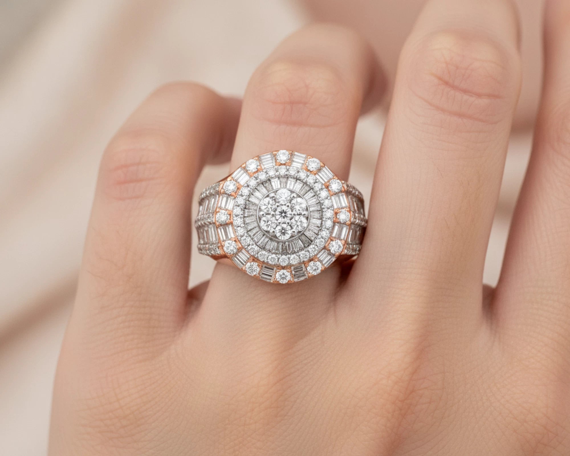 14k Natural Gold Diamond Round & Baguette Halo Cluster Ring 3.50ct – lifestyle 1664