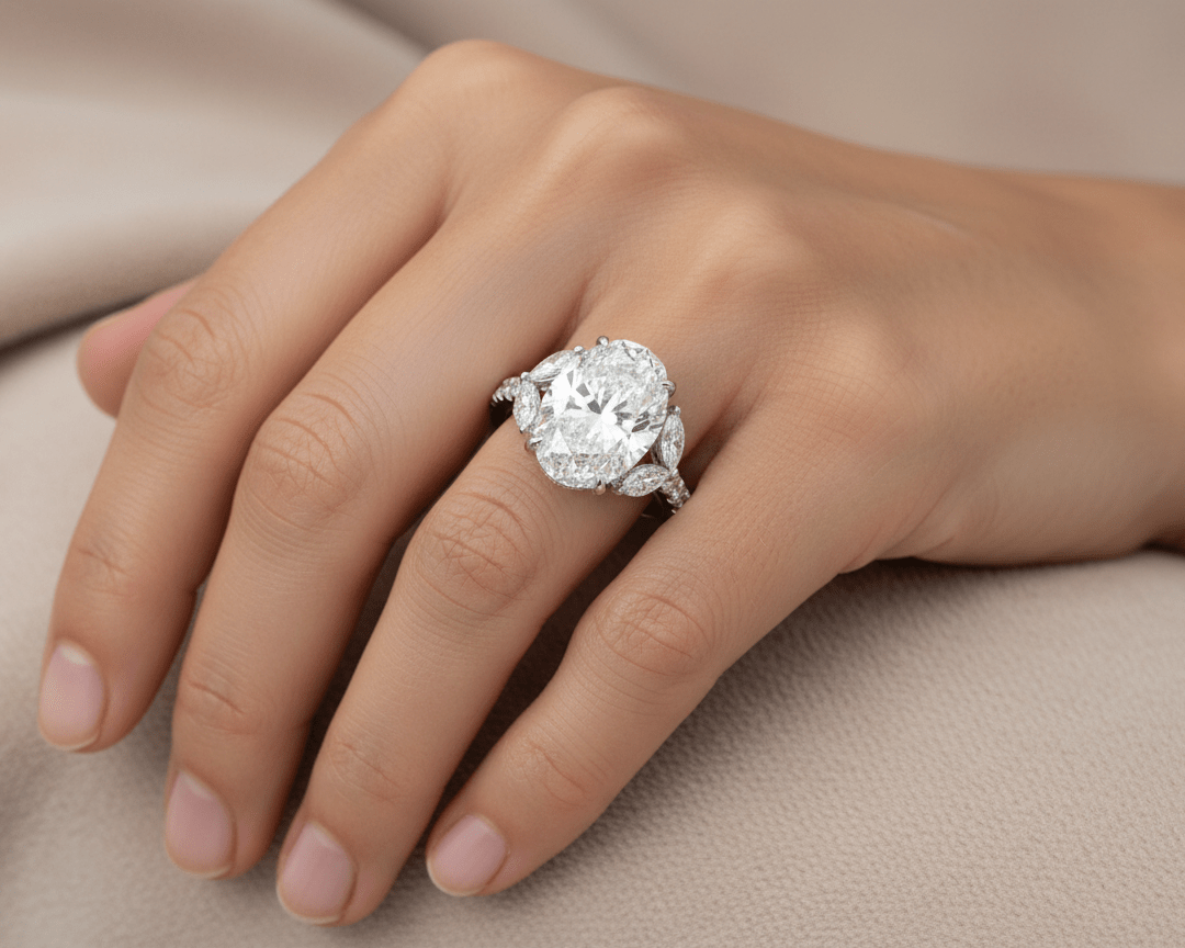 14k Oval Cut Floral Three - Stone Engagement Ring 6.07 CT - AVI THE JEWELER