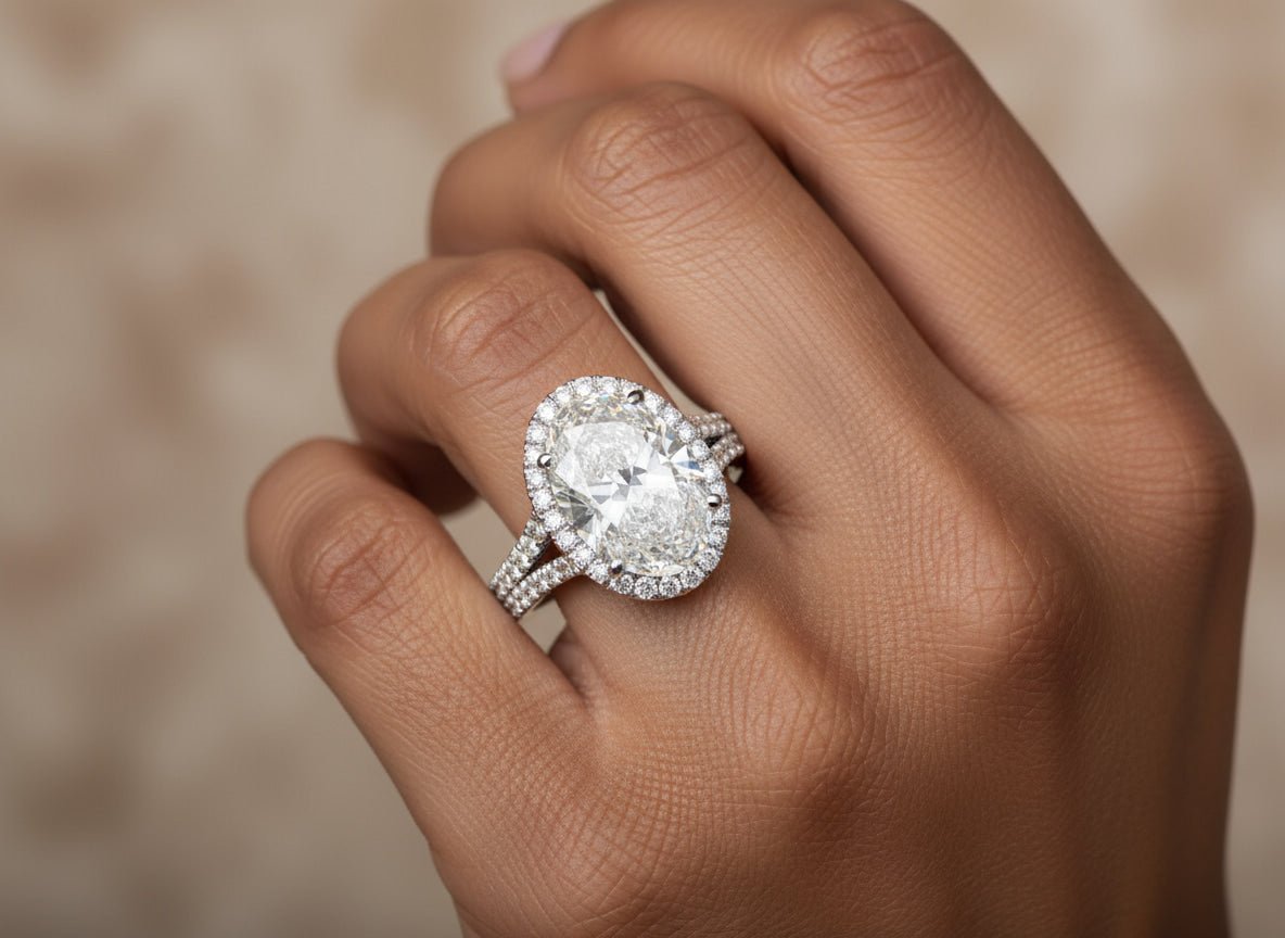 14k Oval Cut Halo Double - Row Micropavé Engagement Ring 6.30 CT - AVI THE JEWELER