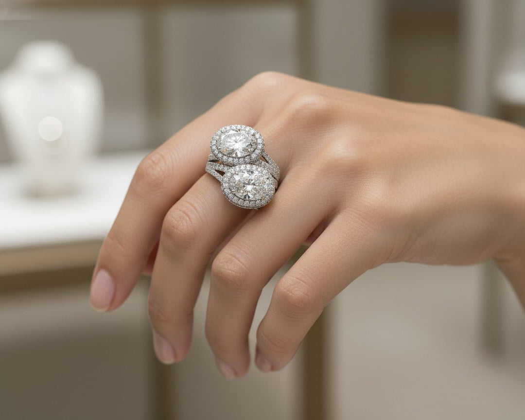 14k Oval Double Halo Split - Shank Engagement Ring 5.14 CT - AVI THE JEWELER