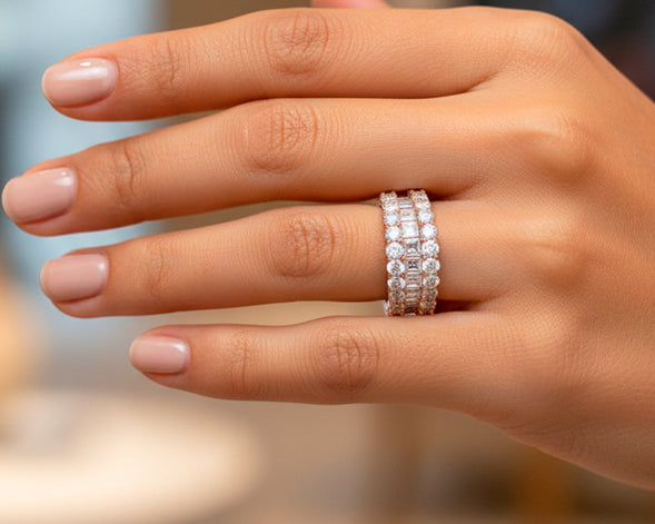 14k Gold Diamond Double Row Band Ring with Baguette & Round 3.40 CT