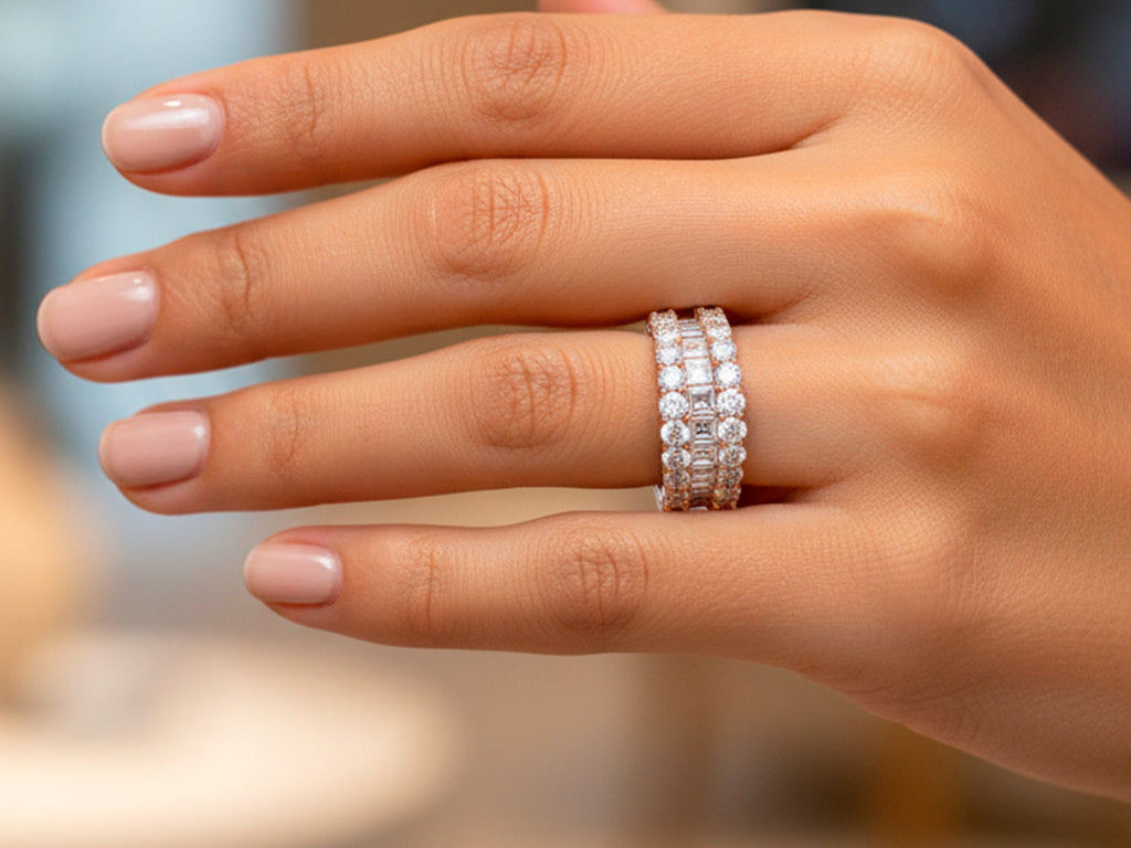 14k Gold Diamond Double Row Band Ring with Baguette & Round 3.40 CT