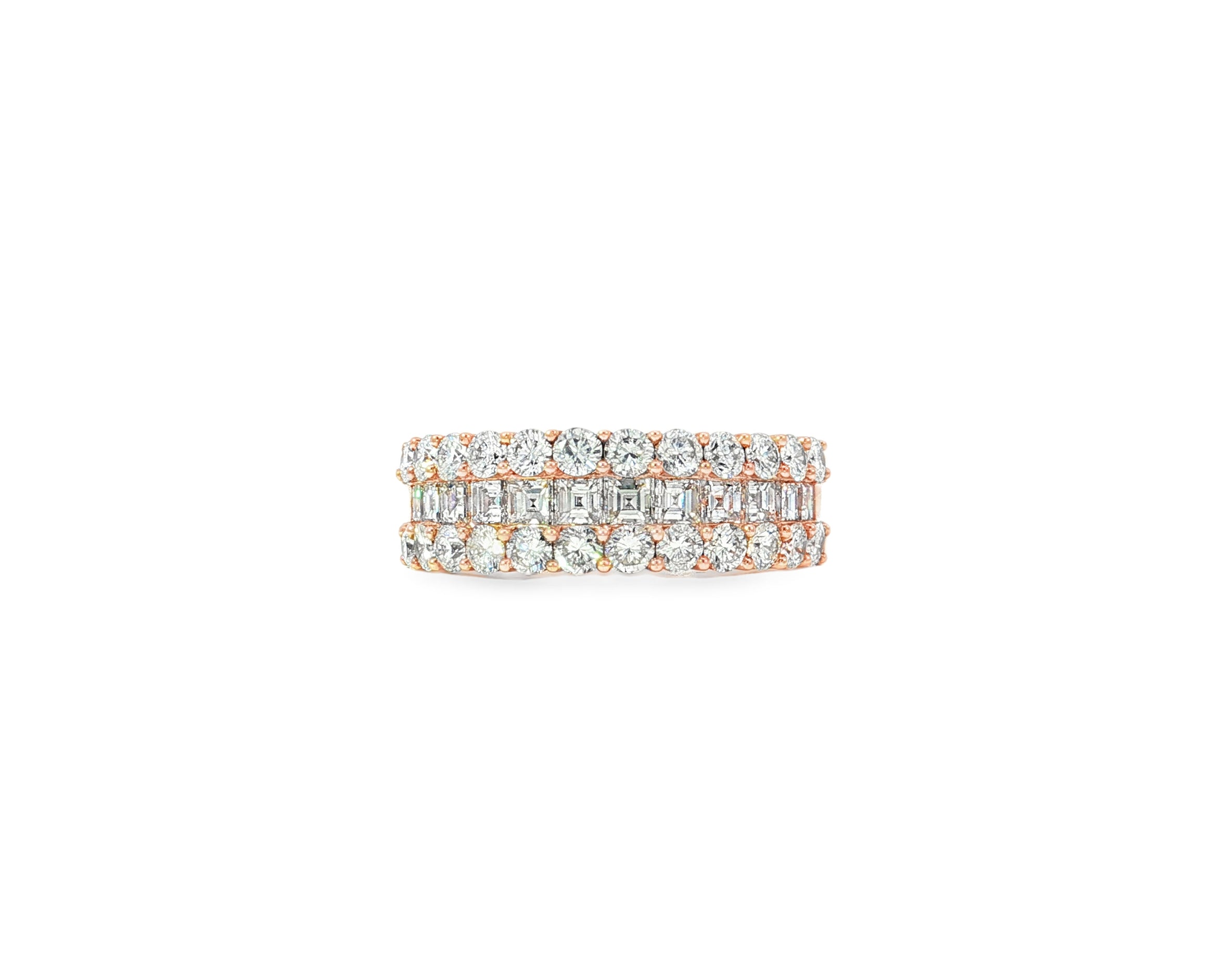 14k Gold Diamond Double Row Band Ring with Baguette & Round 3.40 CT