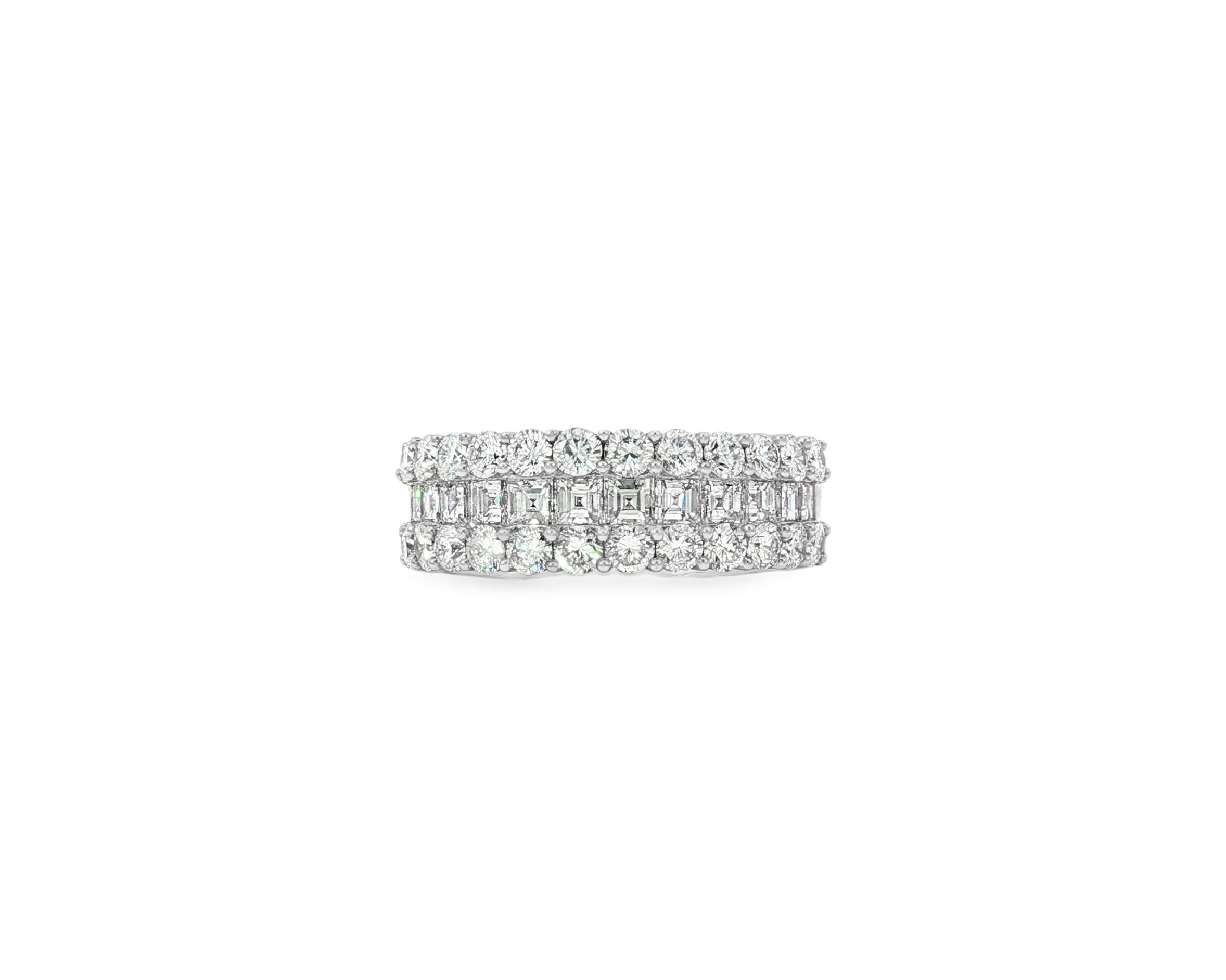 14k Gold Diamond Double Row Band Ring with Baguette & Round 3.40 CT