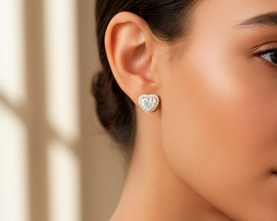 14k Gold Diamond Heart-Shaped Stud Earrings with Halo Design 3.65c