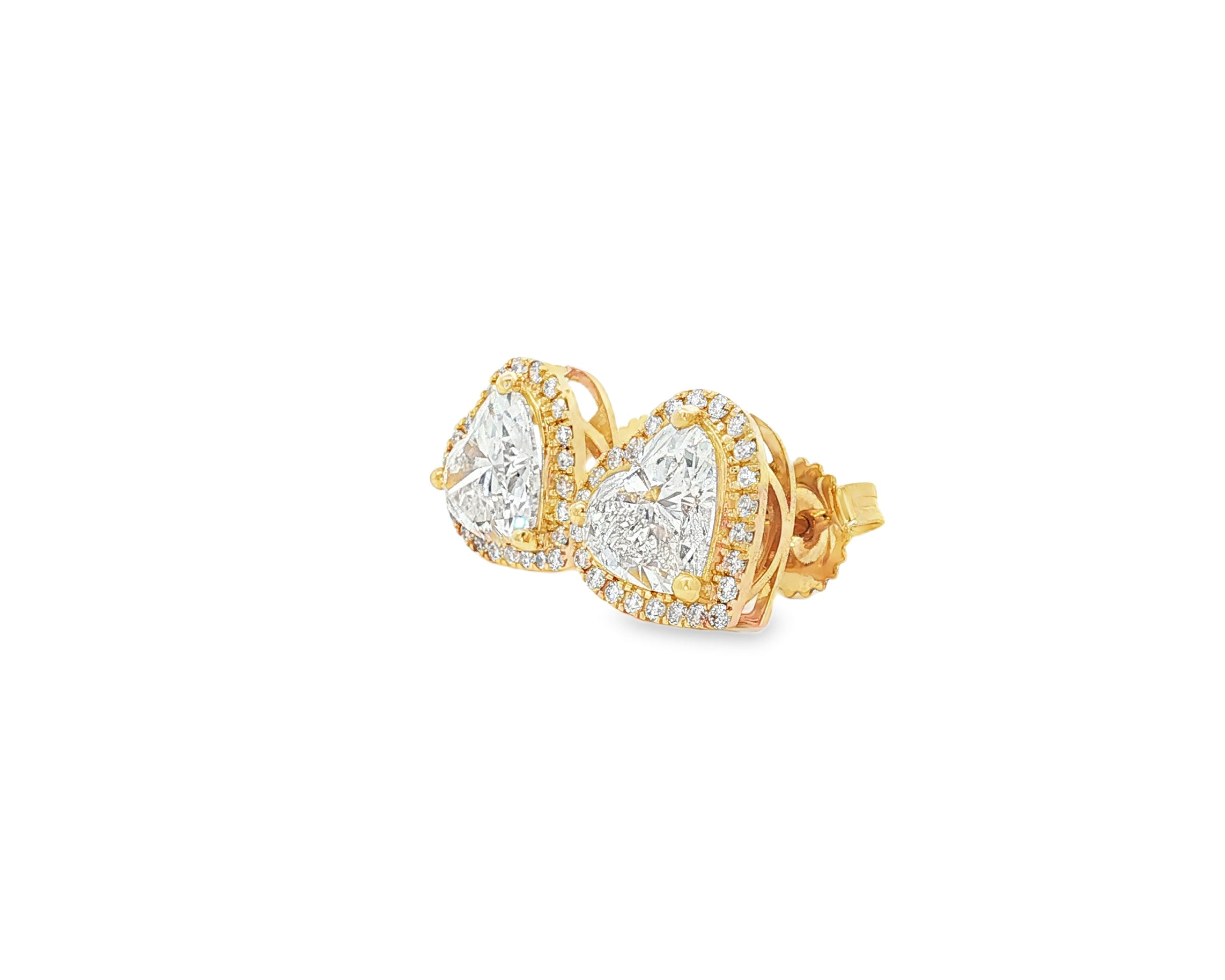 14k Gold Diamond Heart-Shaped Stud Earrings with Halo Design 3.65c