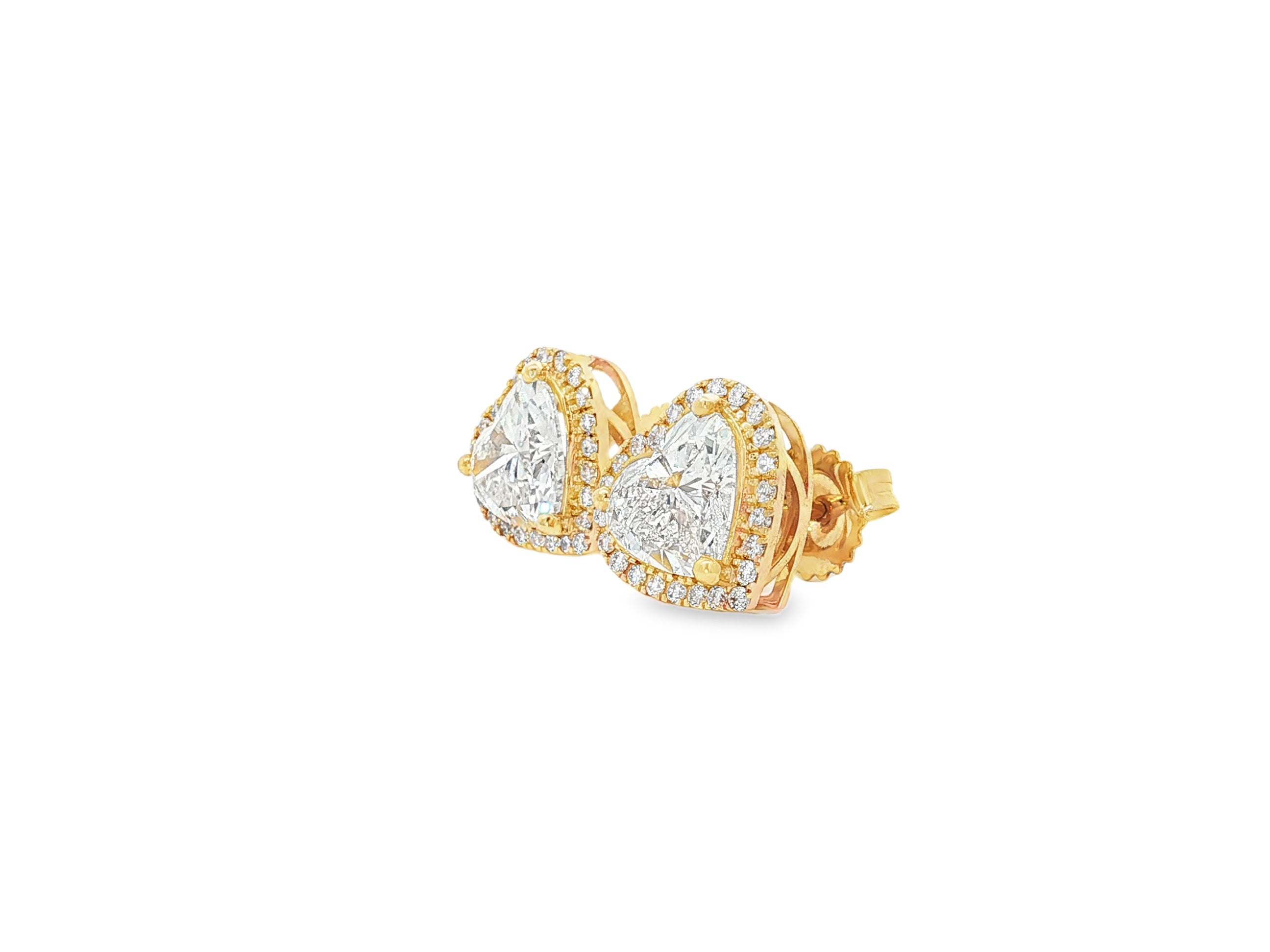 14k Gold Diamond Heart-Shaped Stud Earrings with Halo Design 3.65c