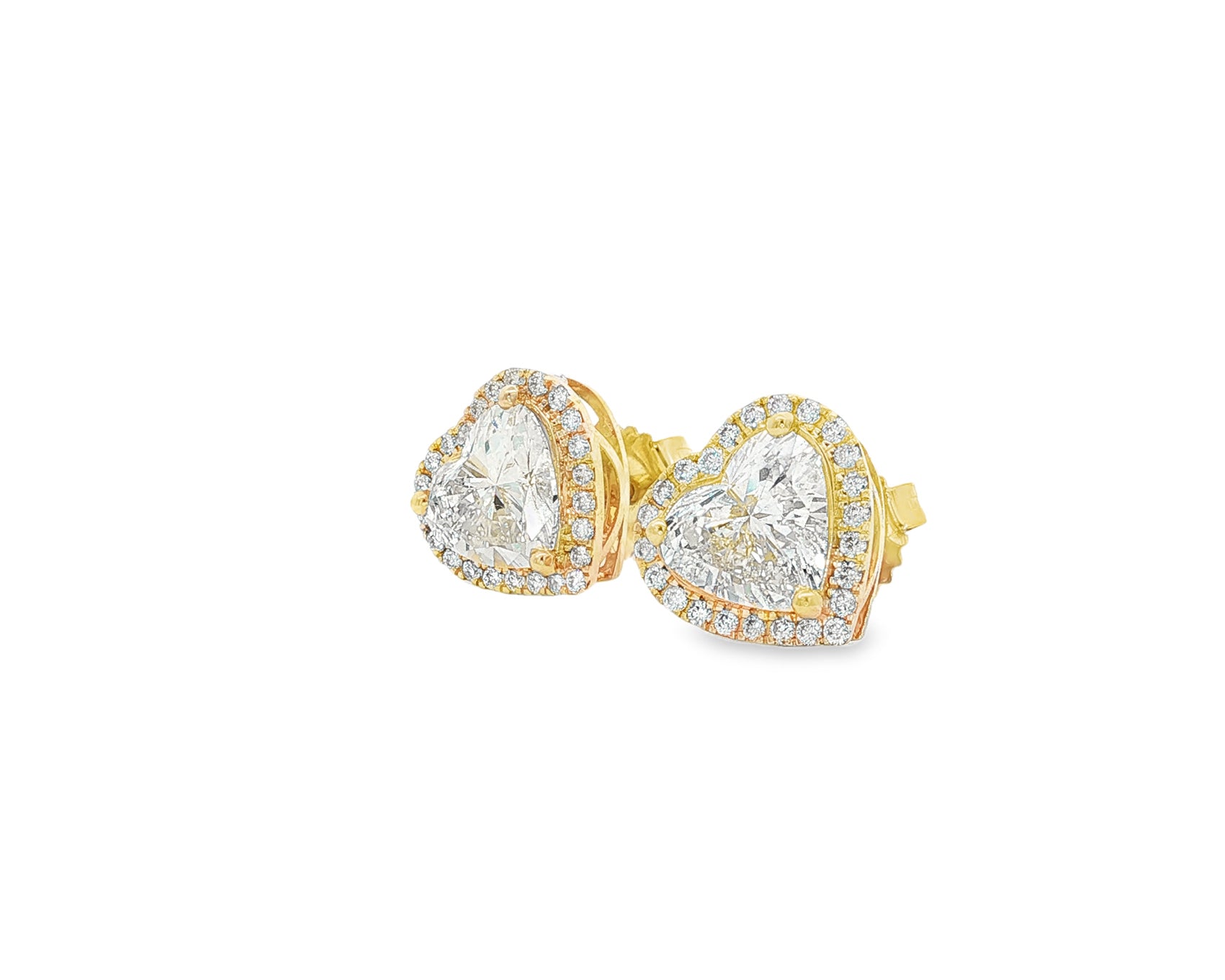 14k Gold Diamond Heart-Shaped Stud Earrings with Halo Design 3.65c