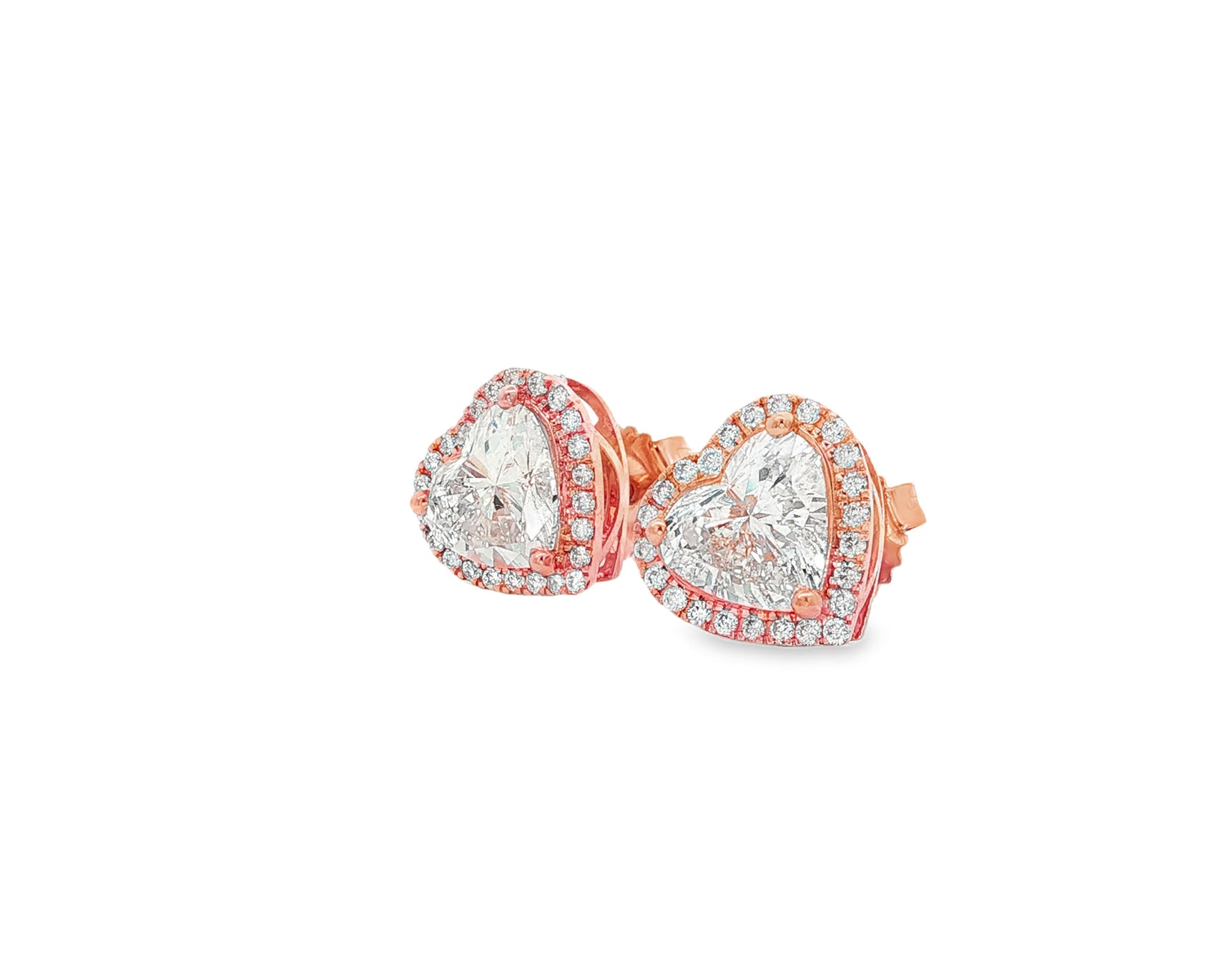 14k Gold Diamond Heart-Shaped Stud Earrings with Halo Design 3.65c