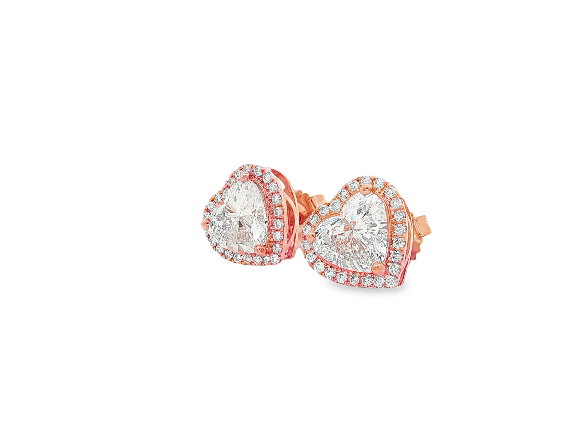 14k Gold Diamond Heart-Shaped Stud Earrings with Halo Design 3.65c