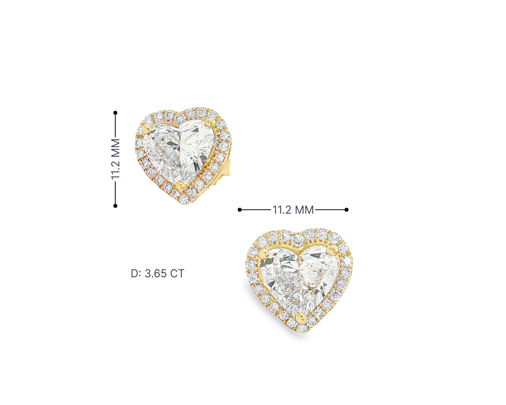 14k Gold Diamond Heart-Shaped Stud Earrings with Halo Design 3.65c