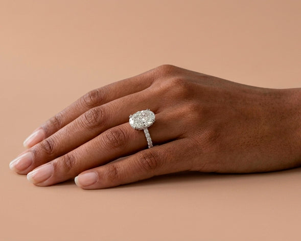 14k Gold Diamond Oval-Cut Solitaire Ring with Pavé Band 9.13 CT