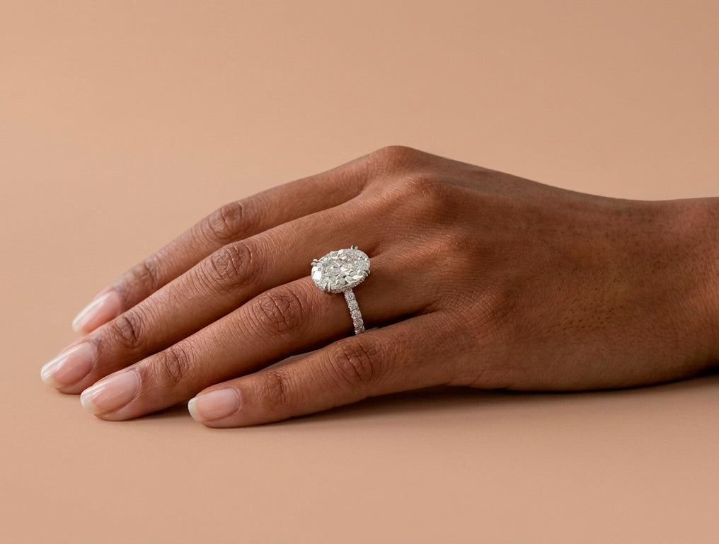 14k Gold Diamond Oval-Cut Solitaire Ring with Pavé Band 9.13 CT