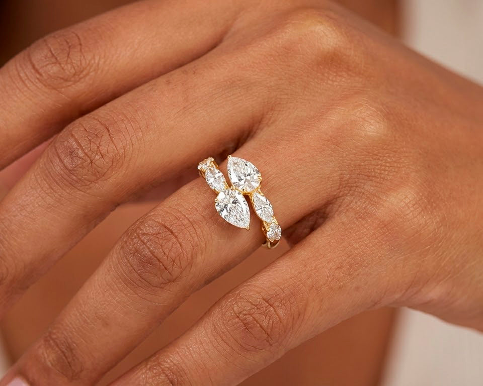 14k Gold Diamond Pear & Marquise Bypass Ring 4.50ct