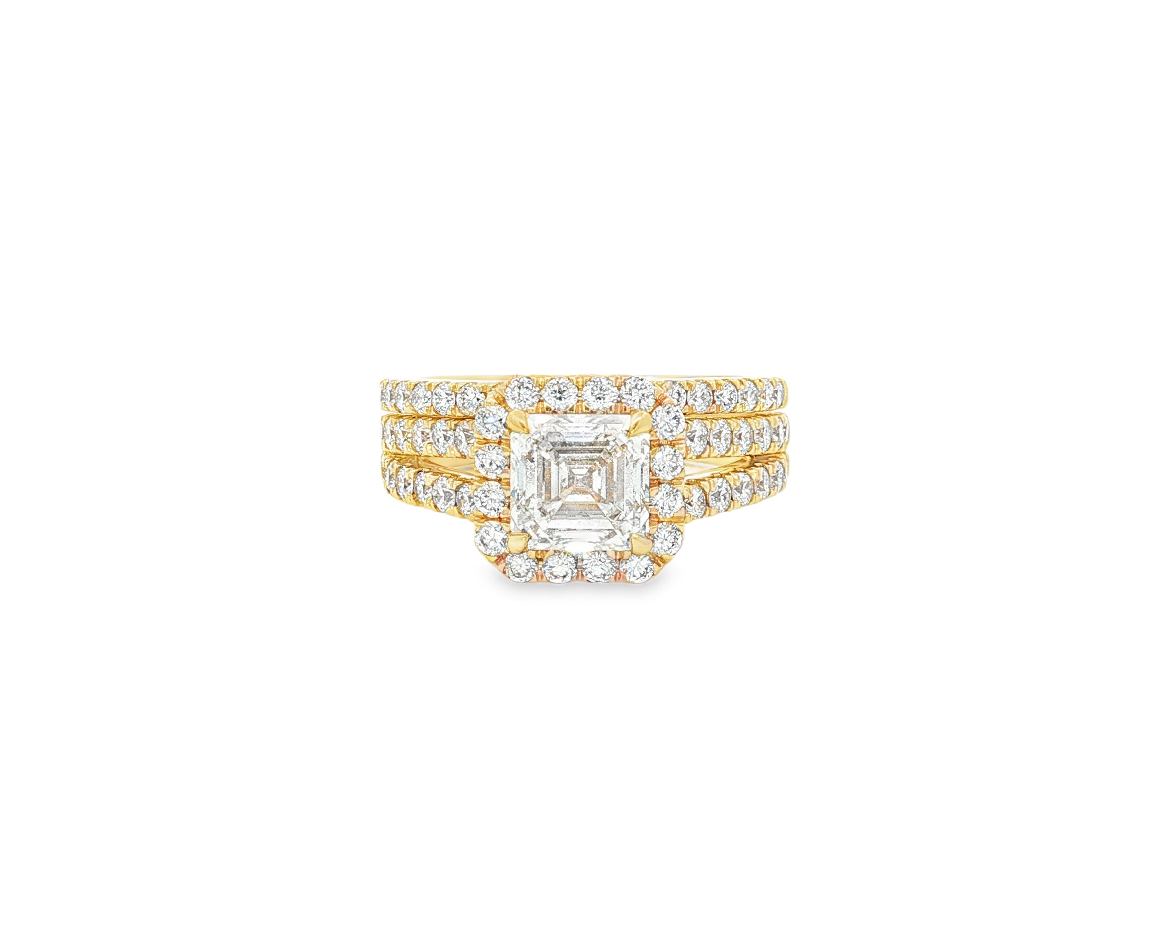 14k Emerald-Cut Halo Diamond Ring Set with Split Shank 2.75 CT