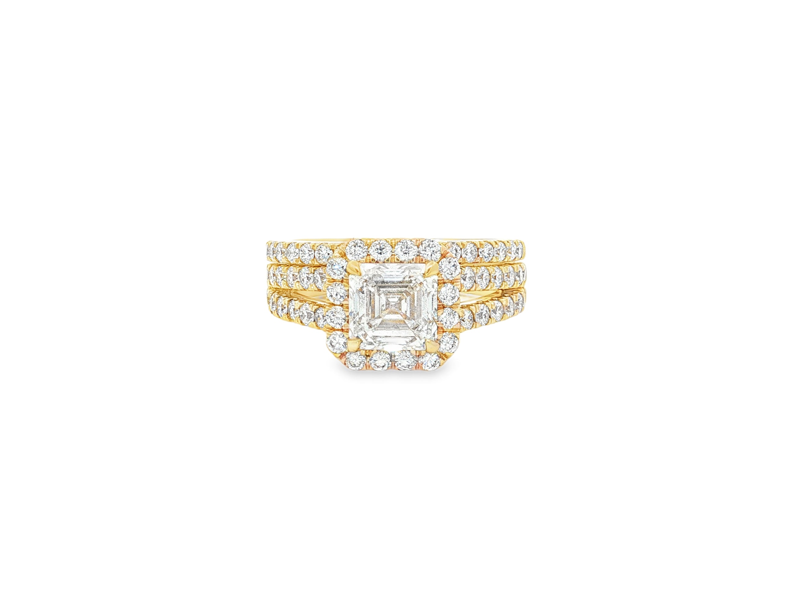 14k Emerald-Cut Halo Diamond Ring Set with Split Shank 2.75 CT