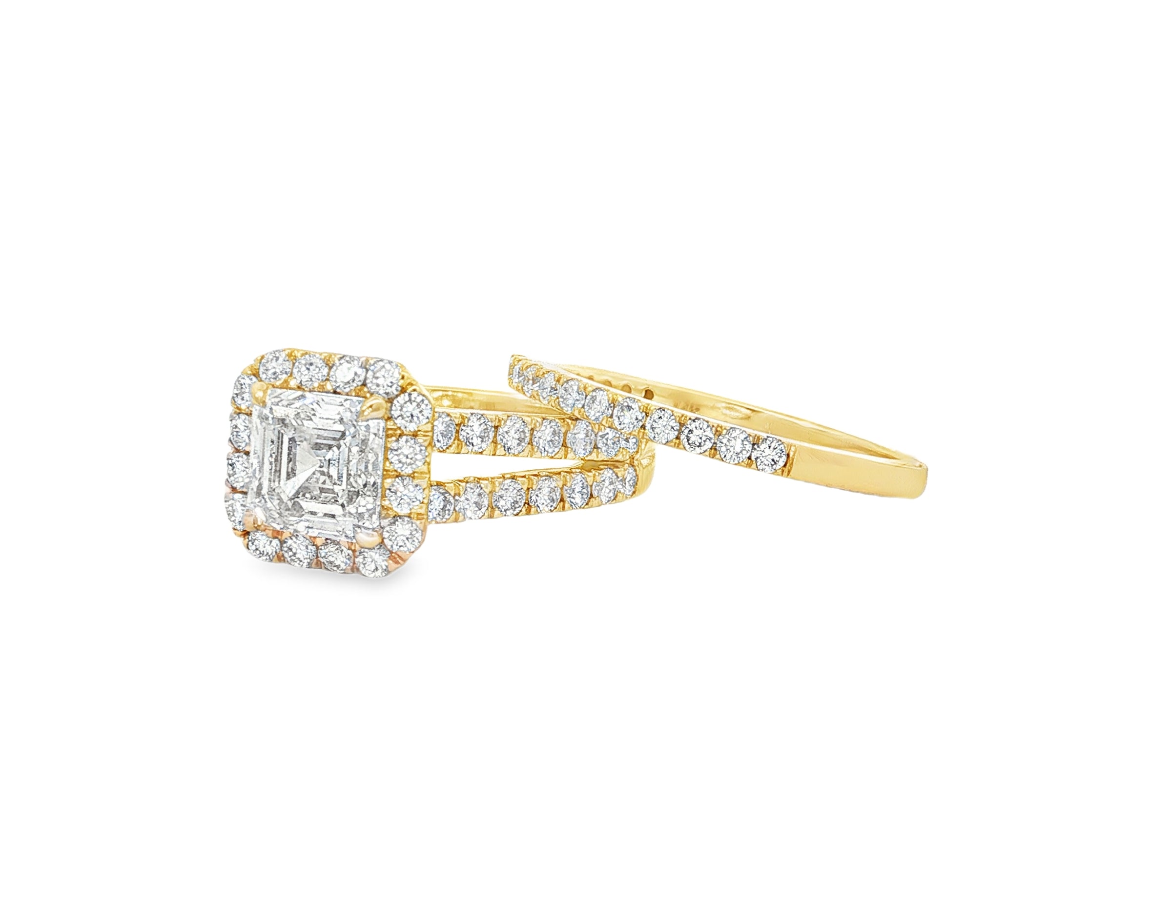 14k Emerald-Cut Halo Diamond Ring Set with Split Shank 2.75 CT