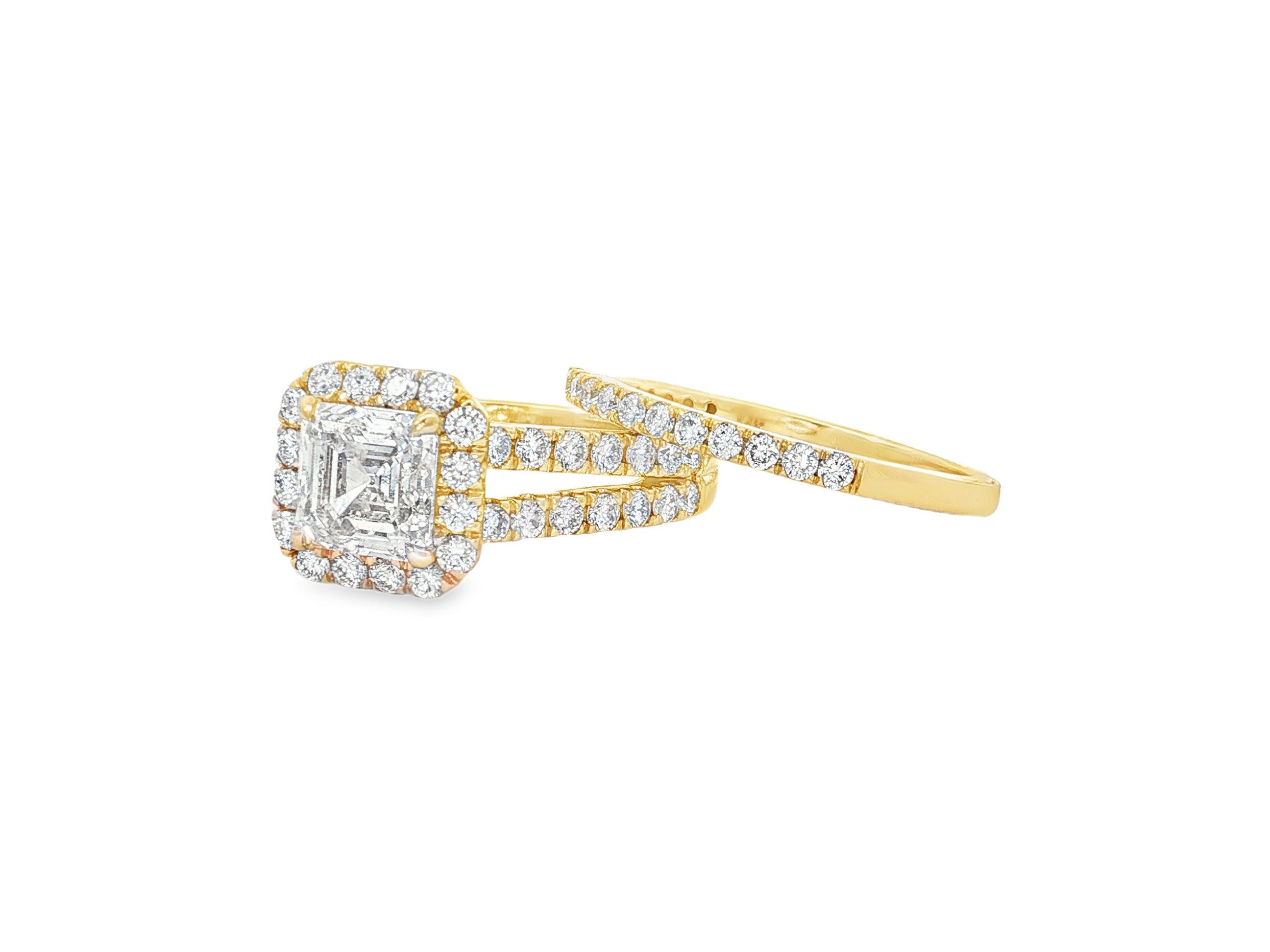 14k Emerald-Cut Halo Diamond Ring Set with Split Shank 2.75 CT