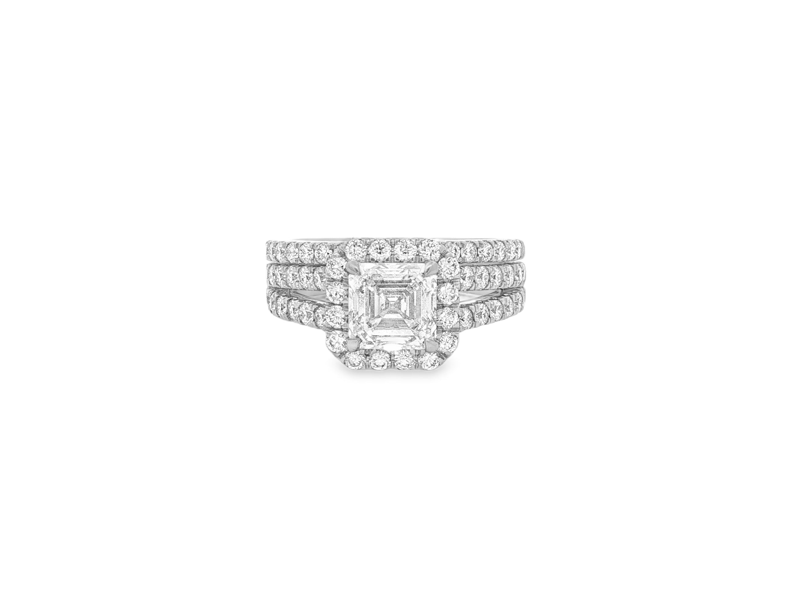 14k Emerald-Cut Halo Diamond Ring Set with Split Shank 2.75 CT