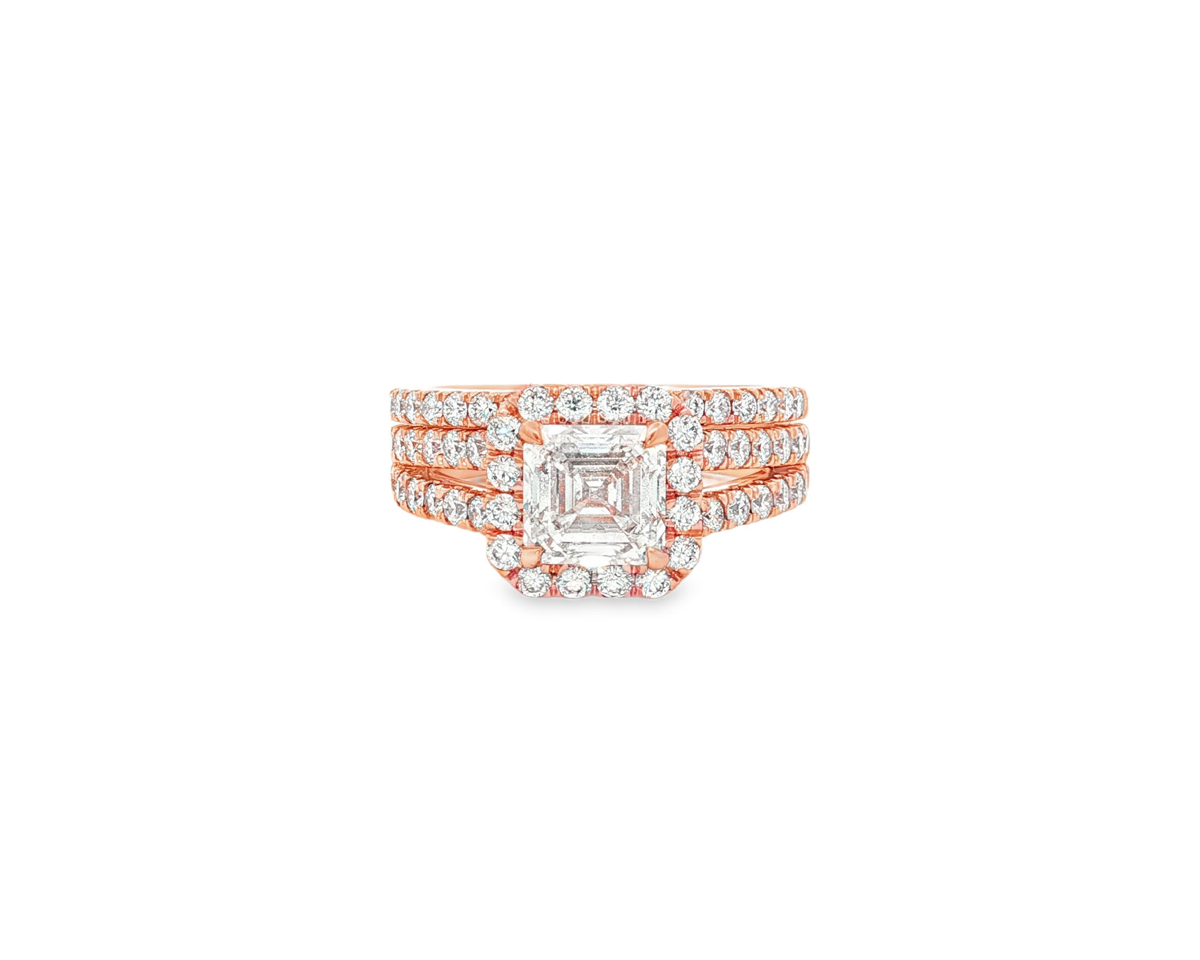 14k Emerald-Cut Halo Diamond Ring Set with Split Shank 2.75 CT