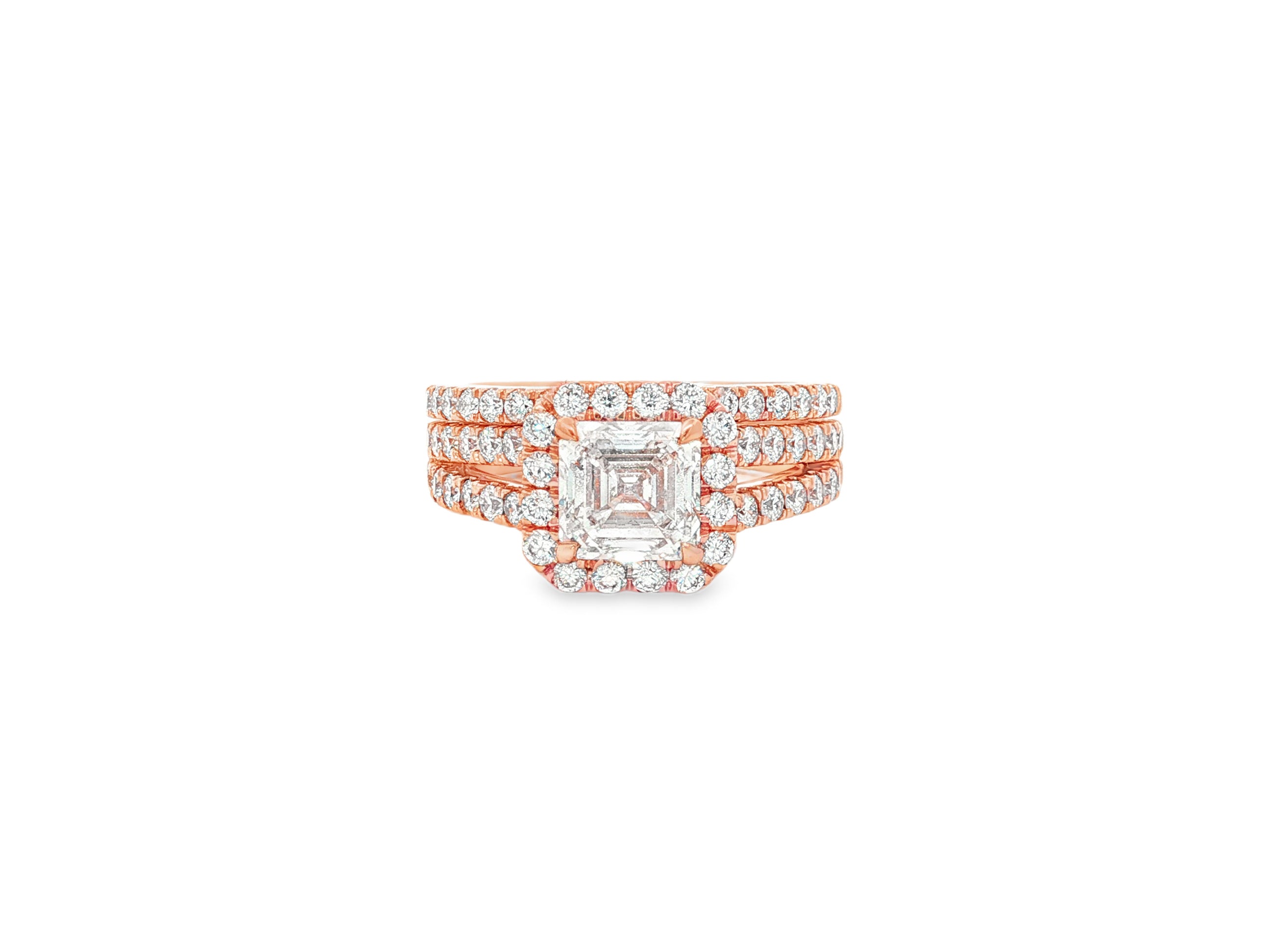 14k Emerald-Cut Halo Diamond Ring Set with Split Shank 2.75 CT