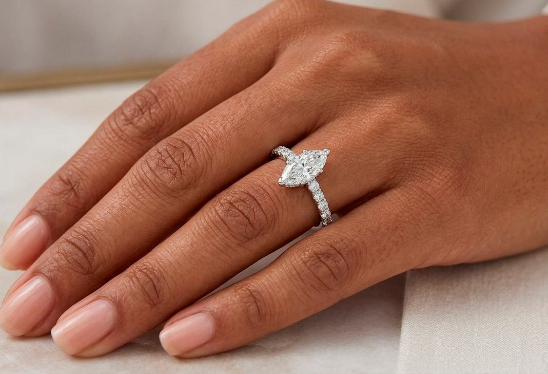 14k Gold Diamond Ring with Marquise-Cut Center & Pavé Band 0.52ct