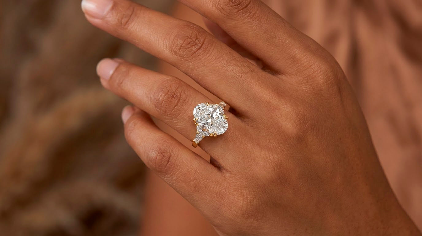 14k Gold Diamond Ring with Oval Center & Three-Stone Design 4.68ct