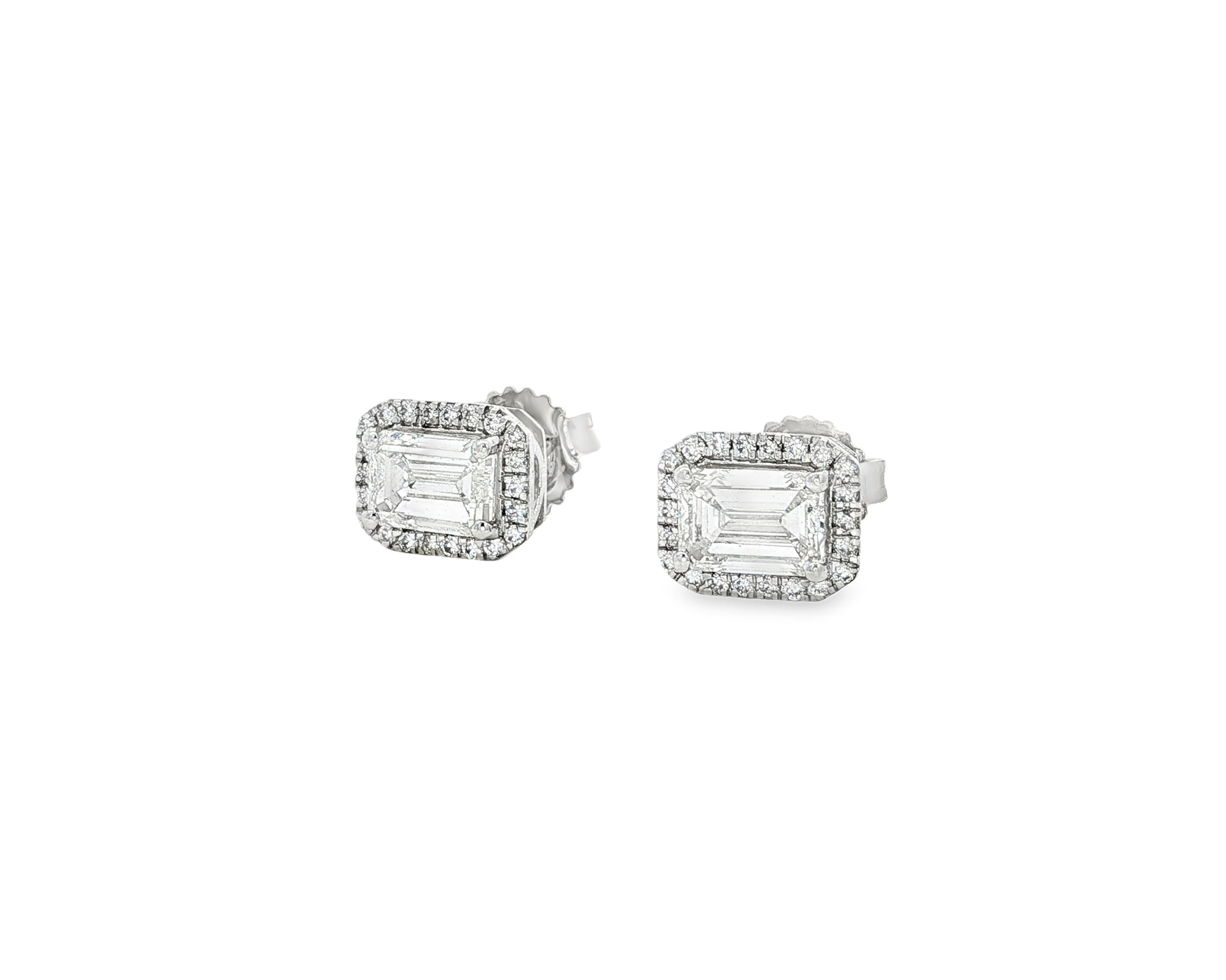14k Gold Diamond Stud Earrings with Emerald-Cut Center & Halo Design 2.50ct