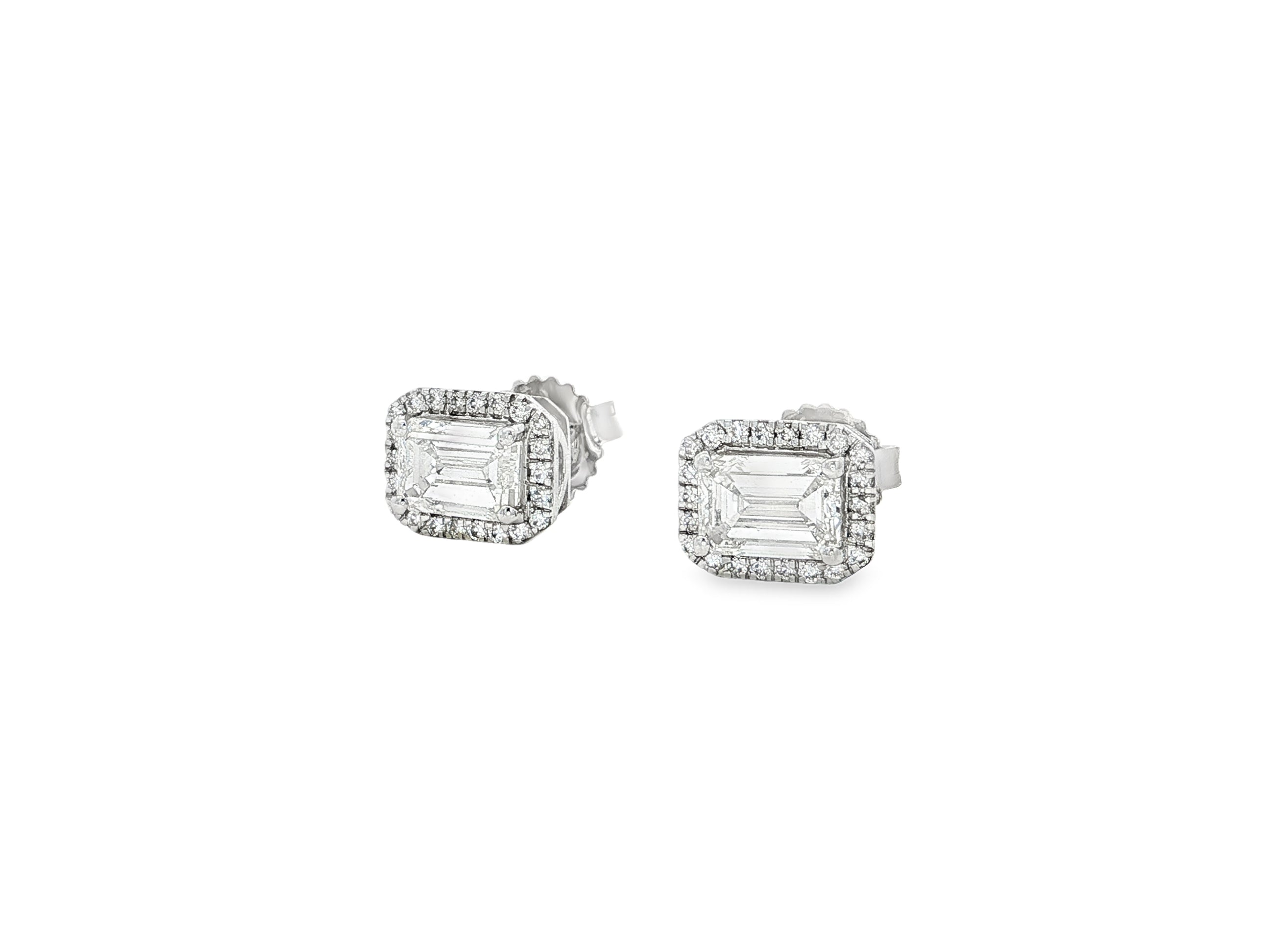 14k Gold Diamond Stud Earrings with Emerald-Cut Center & Halo Design 2.50ct