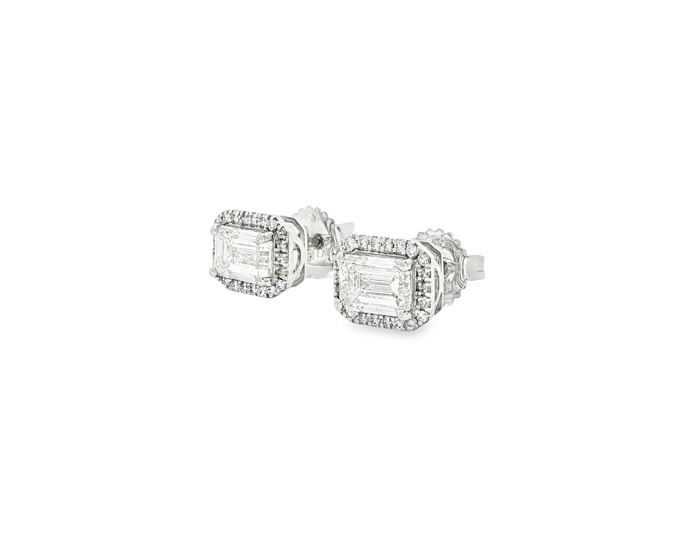 14k Gold Diamond Stud Earrings with Emerald-Cut Center & Halo Design 2.50ct