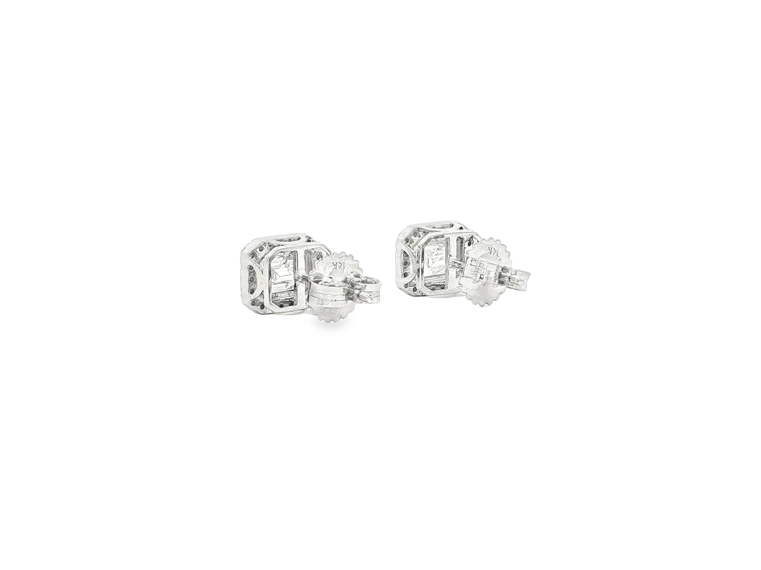 14k Gold Diamond Stud Earrings with Emerald-Cut Center & Halo Design 2.50ct