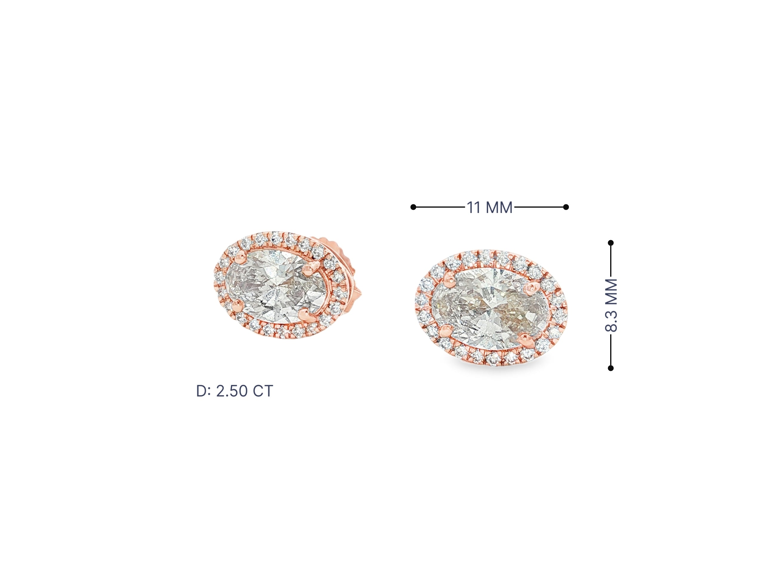 14k Gold Diamond Stud Earrings with Oval-Cut Center & Halo Design 2.50ct
