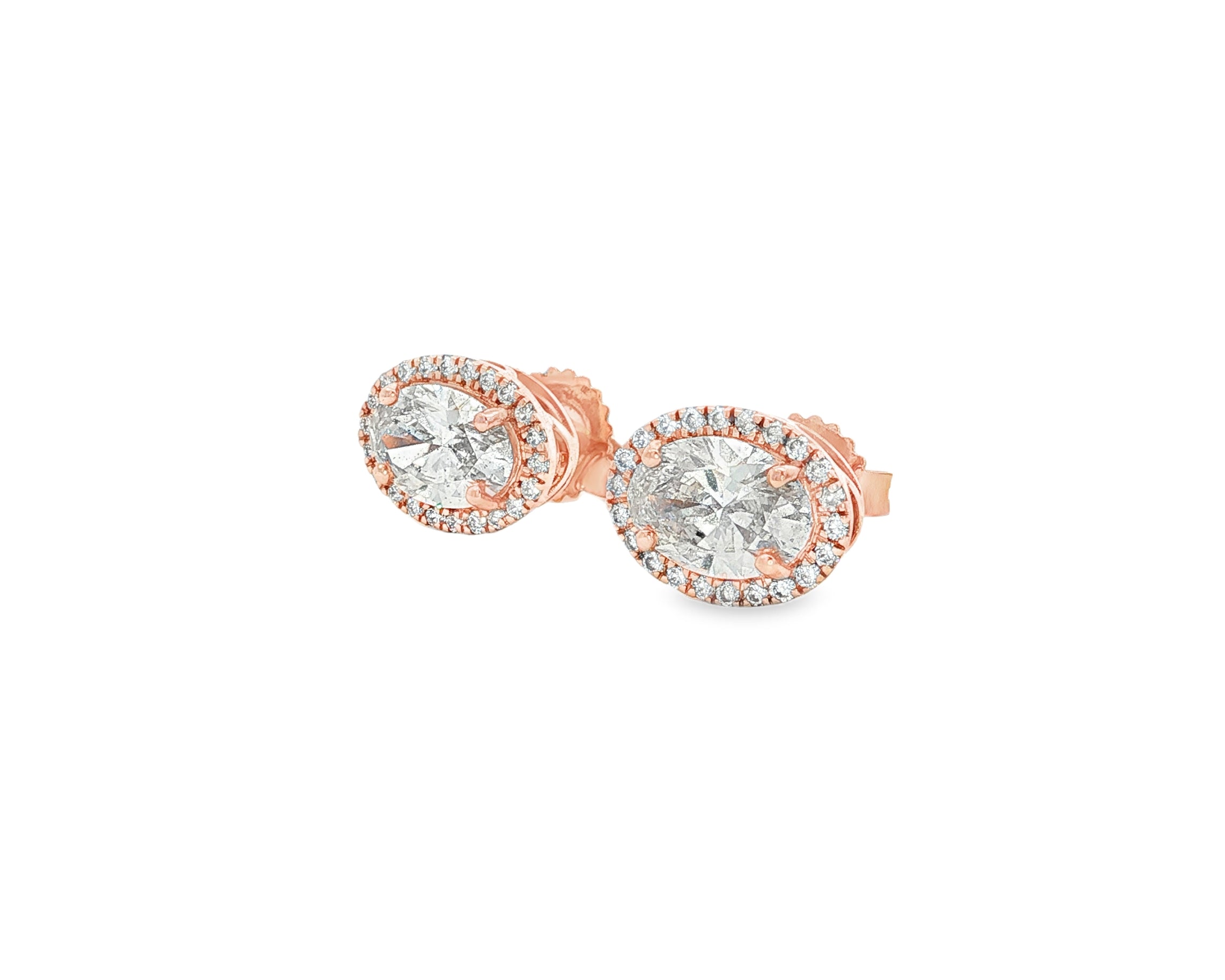 14k Gold Diamond Stud Earrings with Oval-Cut Center & Halo Design 2.50ct