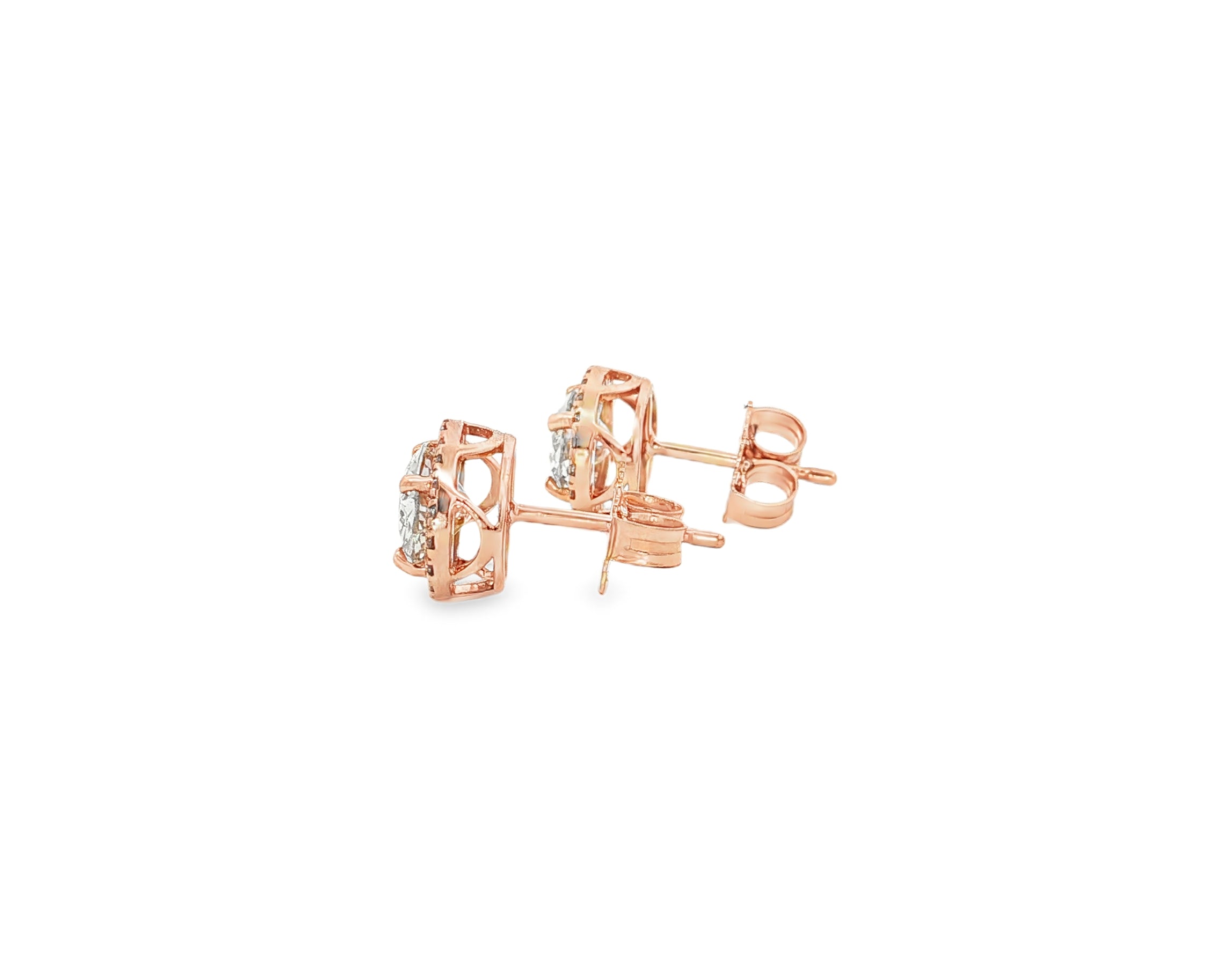 14k Gold Diamond Stud Earrings with Oval-Cut Center & Halo Design 2.50ct