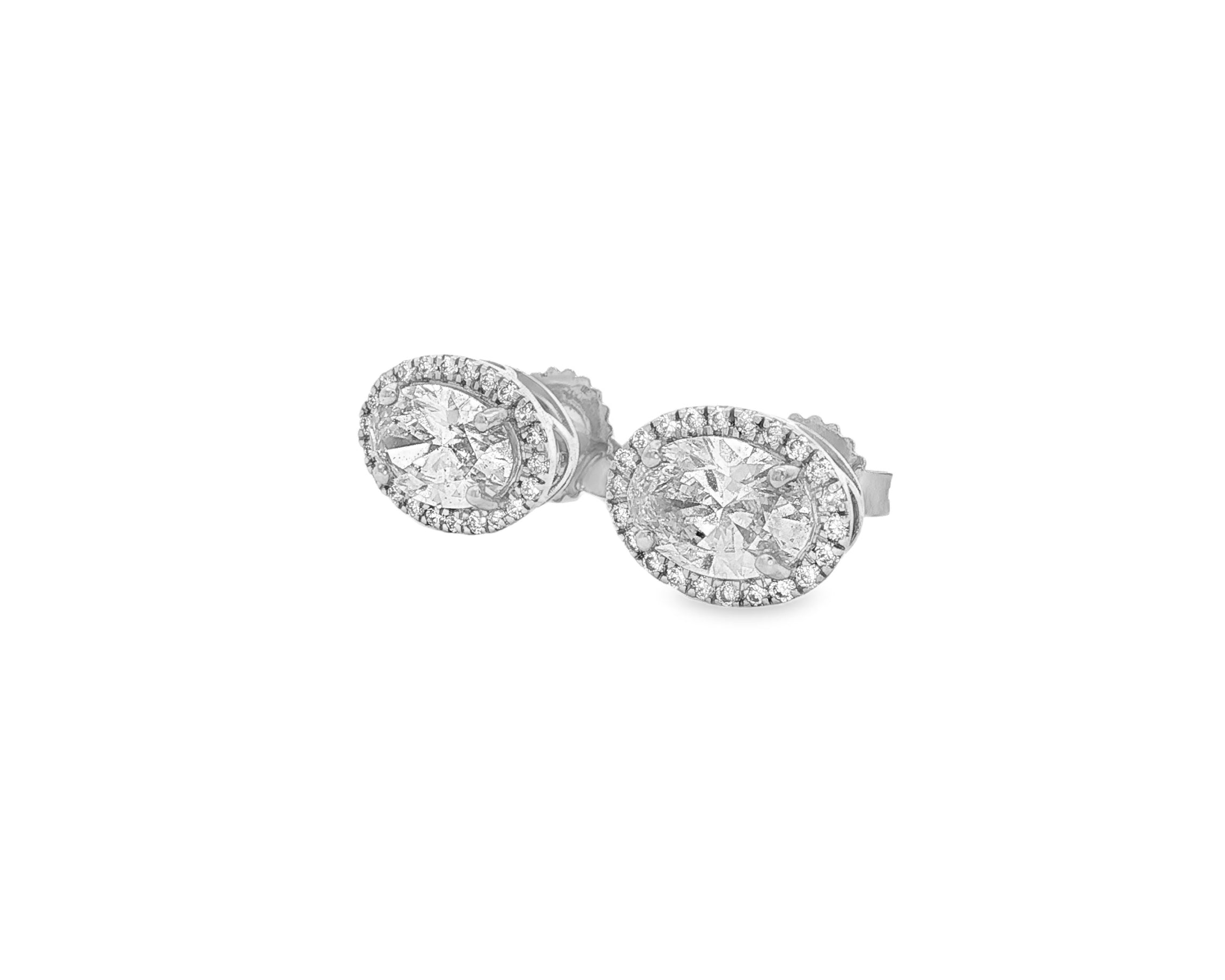 14k Gold Diamond Stud Earrings with Oval-Cut Center & Halo Design 2.50ct