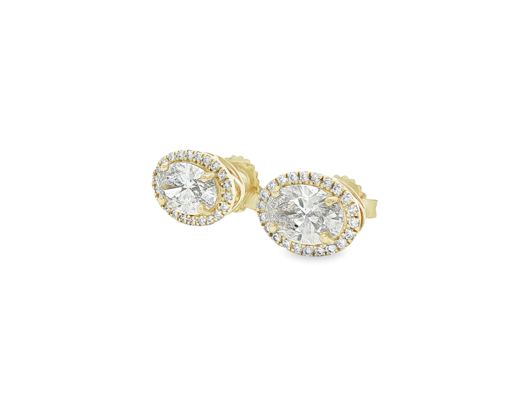 14k Gold Diamond Stud Earrings with Oval-Cut Center & Halo Design 2.50ct