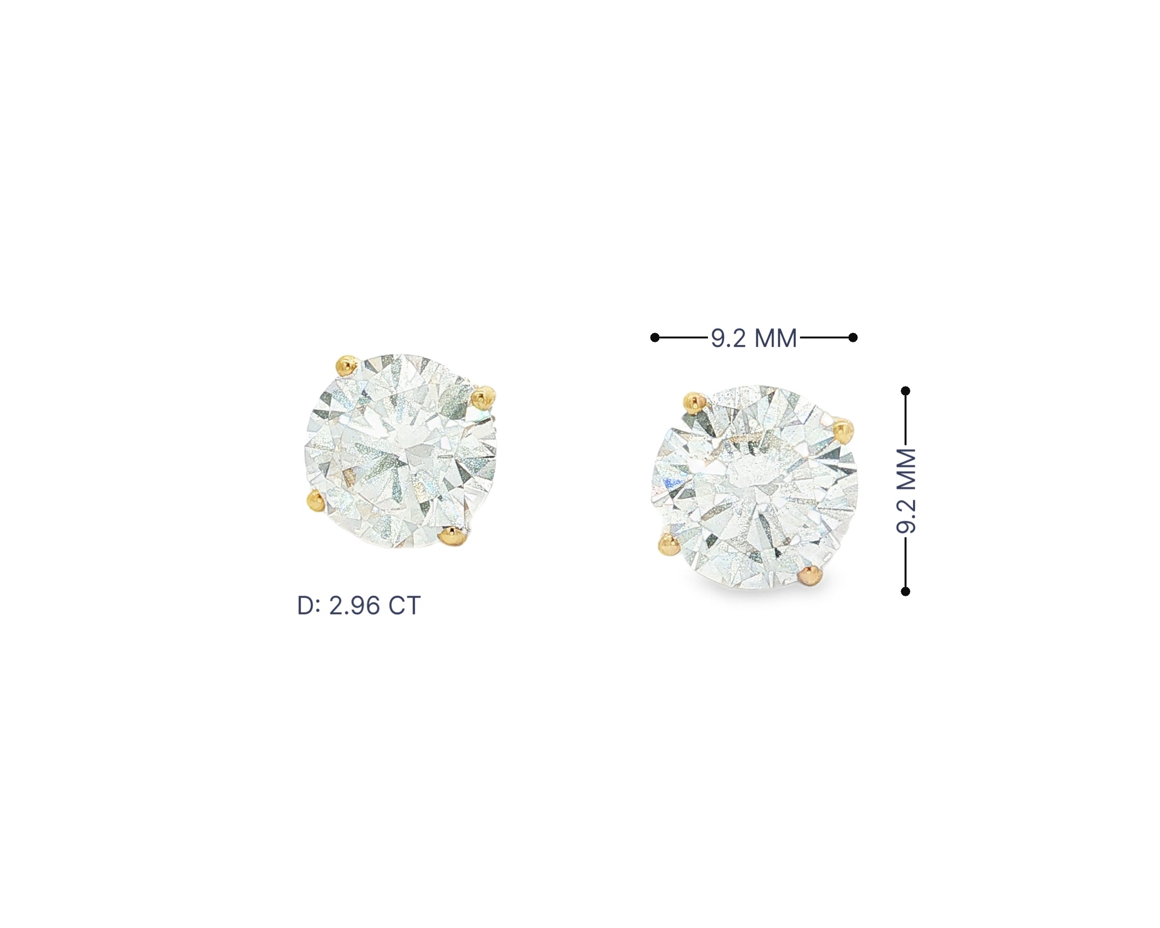 14k Gold Diamond Stud Earrings with Round-Cut Solitaire Design 2.96CT