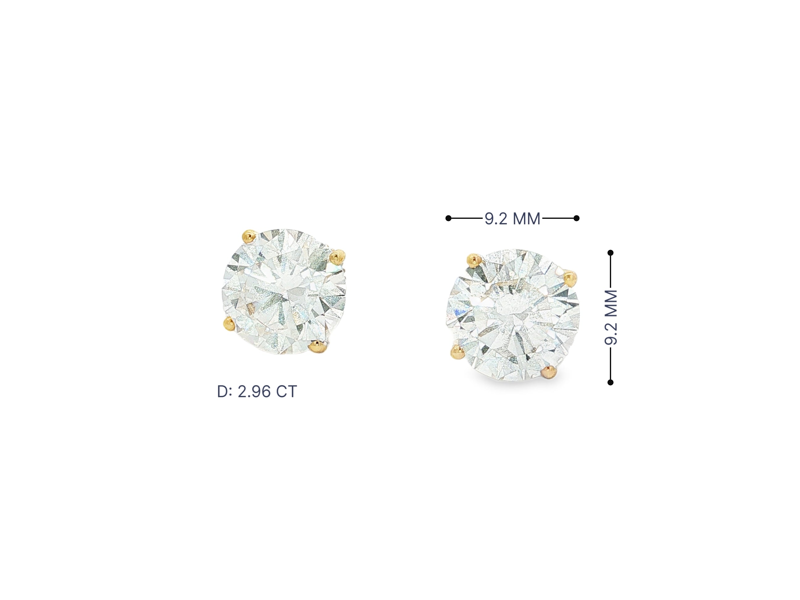 14k Gold Diamond Stud Earrings with Round-Cut Solitaire Design 2.96CT