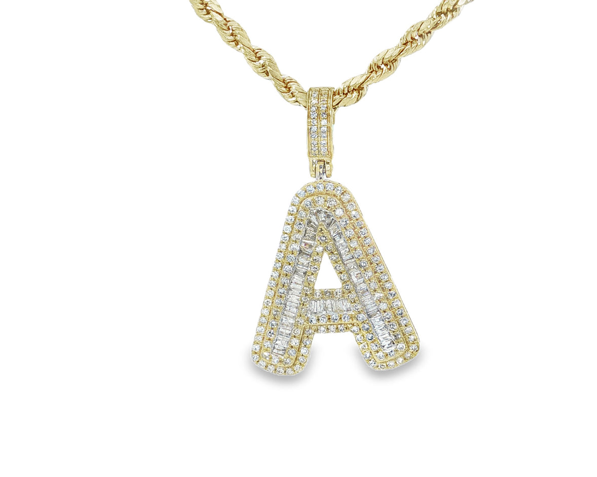 10k Gold Baguette & Round Natural Diamond Initial Pendant 1.00ct