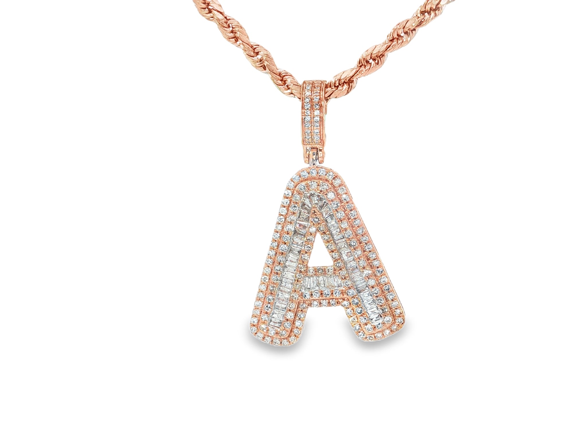 10k Gold Baguette & Round Natural Diamond Initial Pendant 1.00ct