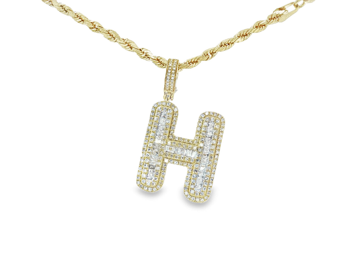 10k Gold Baguette & Round Natural Diamond Initial Pendant 1.00ct