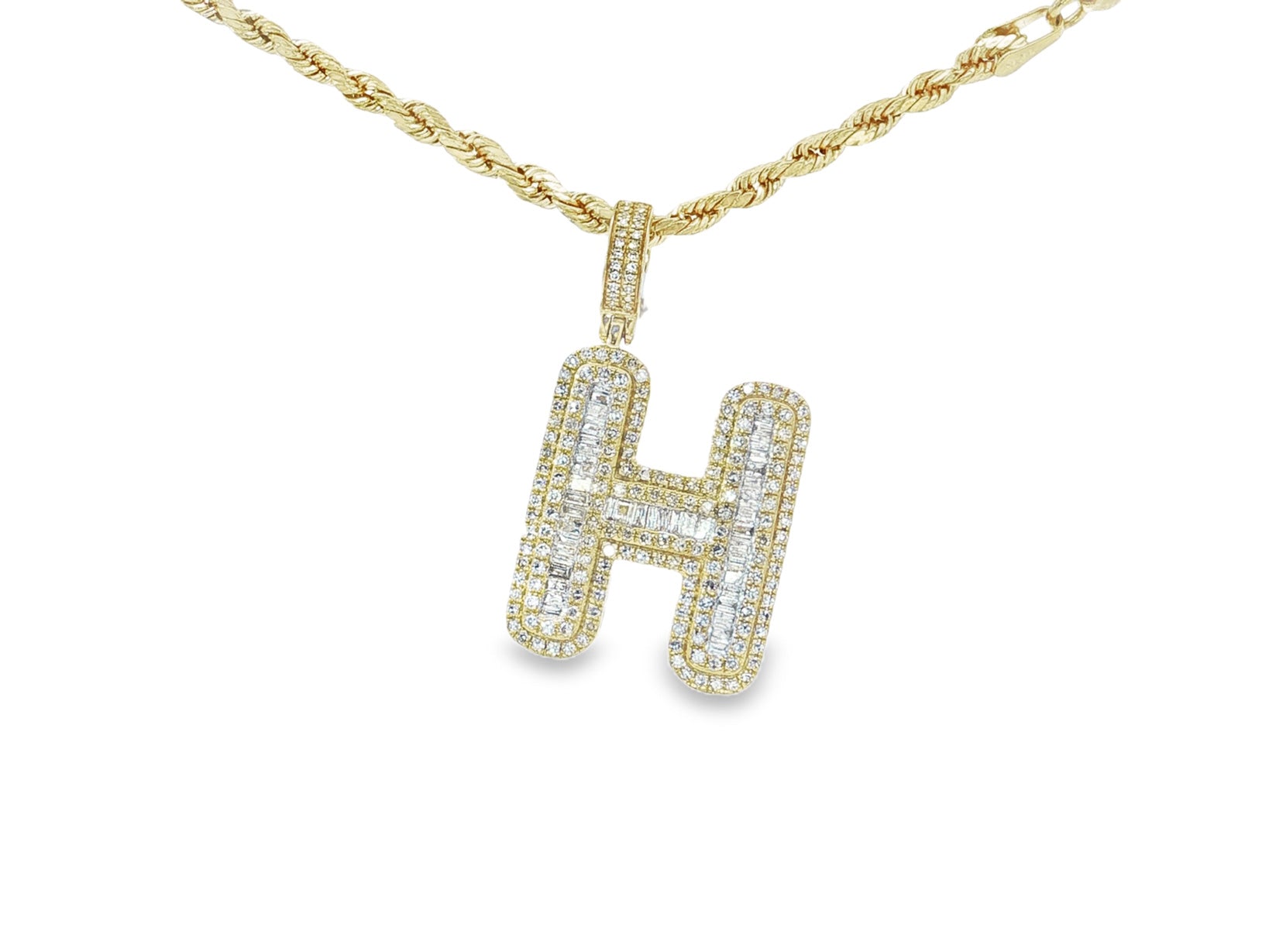 10k Gold Baguette & Round Natural Diamond Initial Pendant 1.00ct