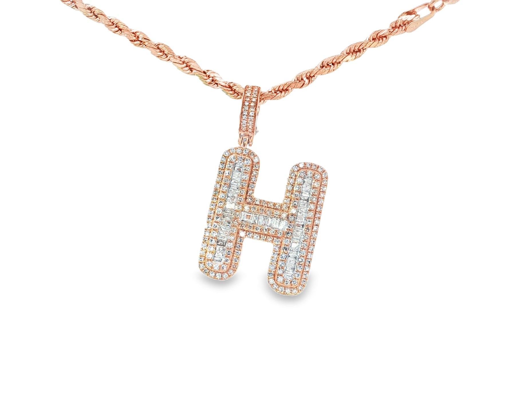 10k Gold Baguette & Round Natural Diamond Initial Pendant 1.00ct
