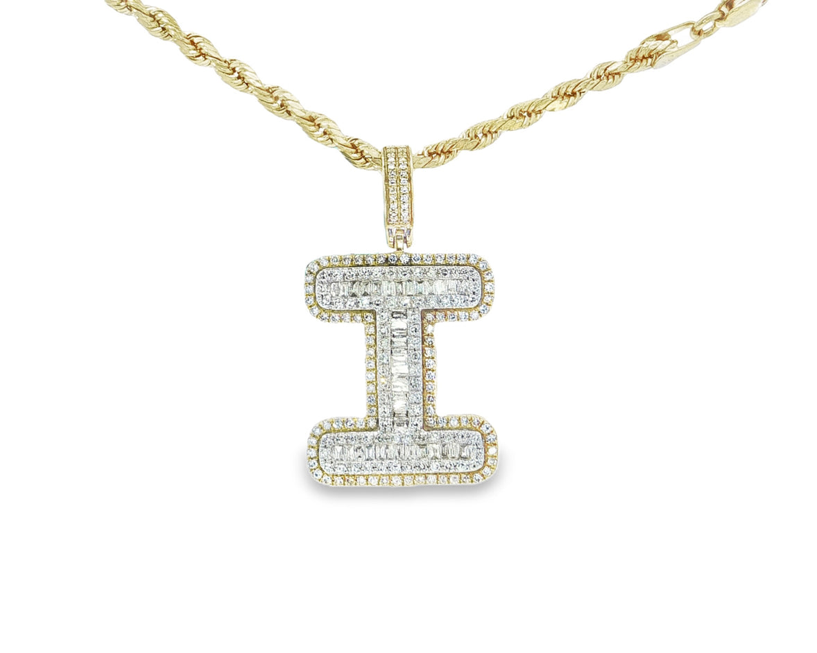 10k Gold Baguette & Round Natural Diamond Initial Pendant 1.00ct