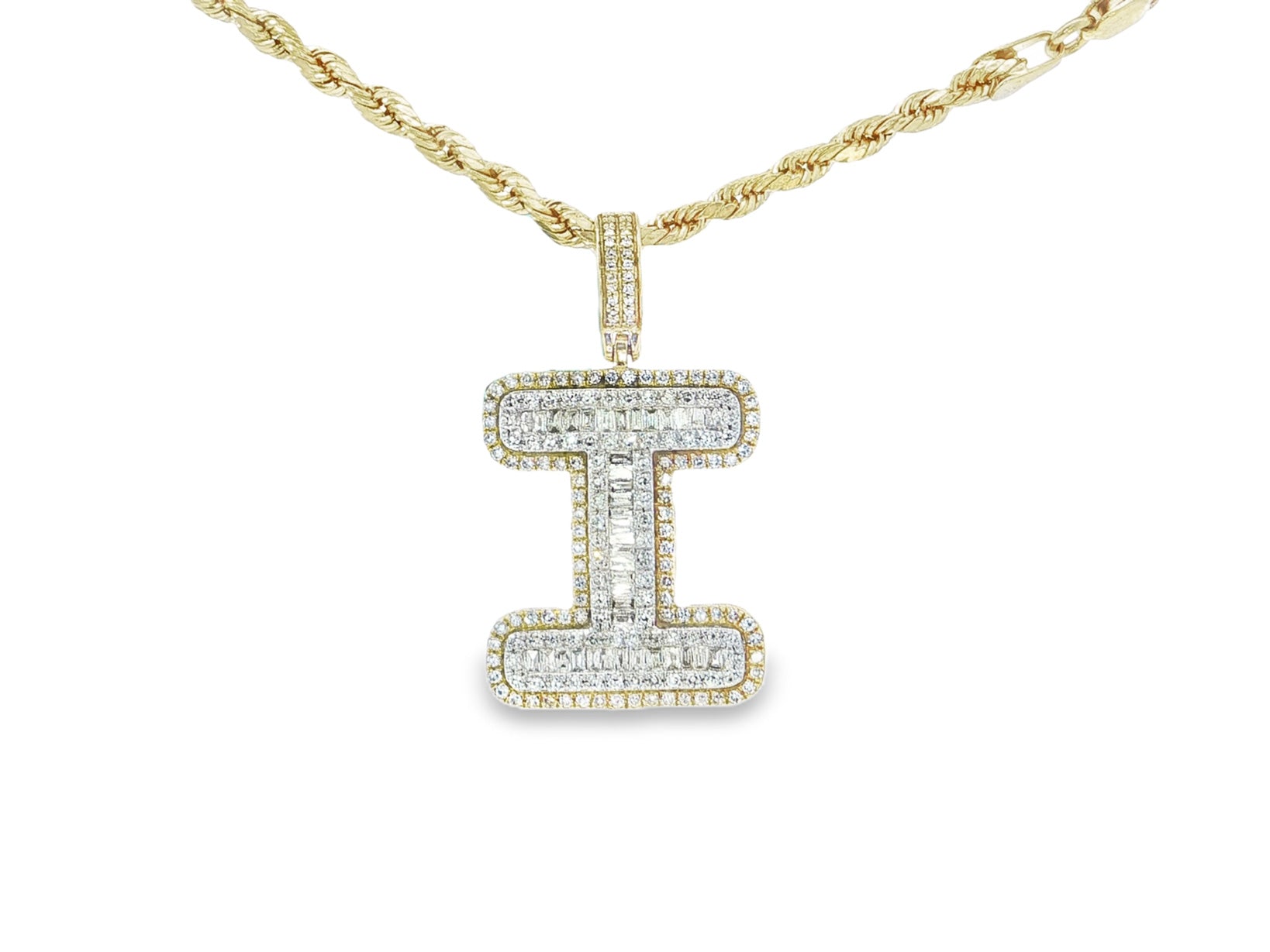 10k Gold Baguette & Round Natural Diamond Initial Pendant 1.00ct