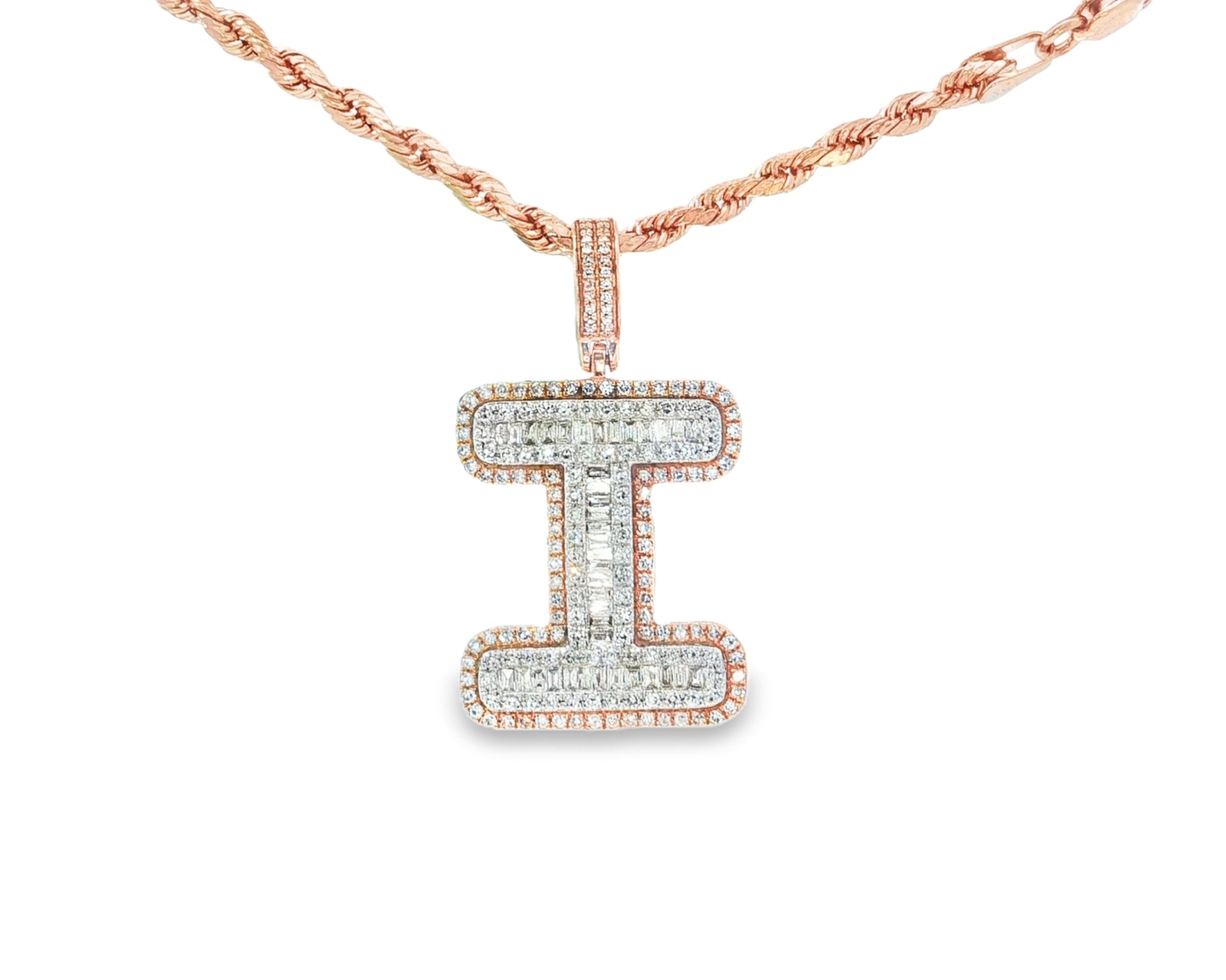 10k Gold Baguette & Round Natural Diamond Initial Pendant 1.00ct