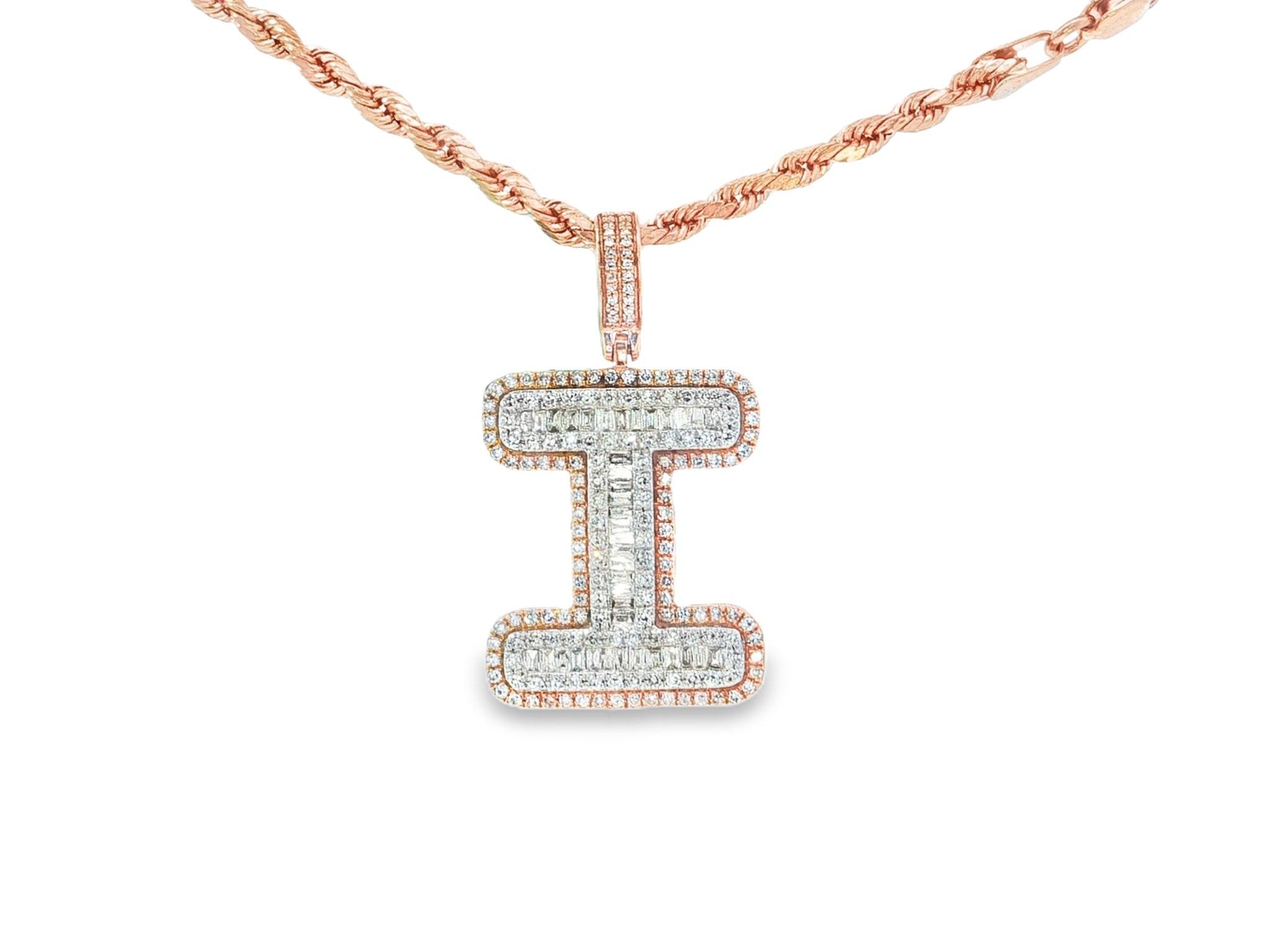 10k Gold Baguette & Round Natural Diamond Initial Pendant 1.00ct