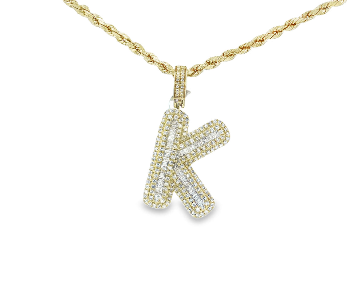 10k Gold Baguette & Round Natural Diamond Initial Pendant 1.00ct