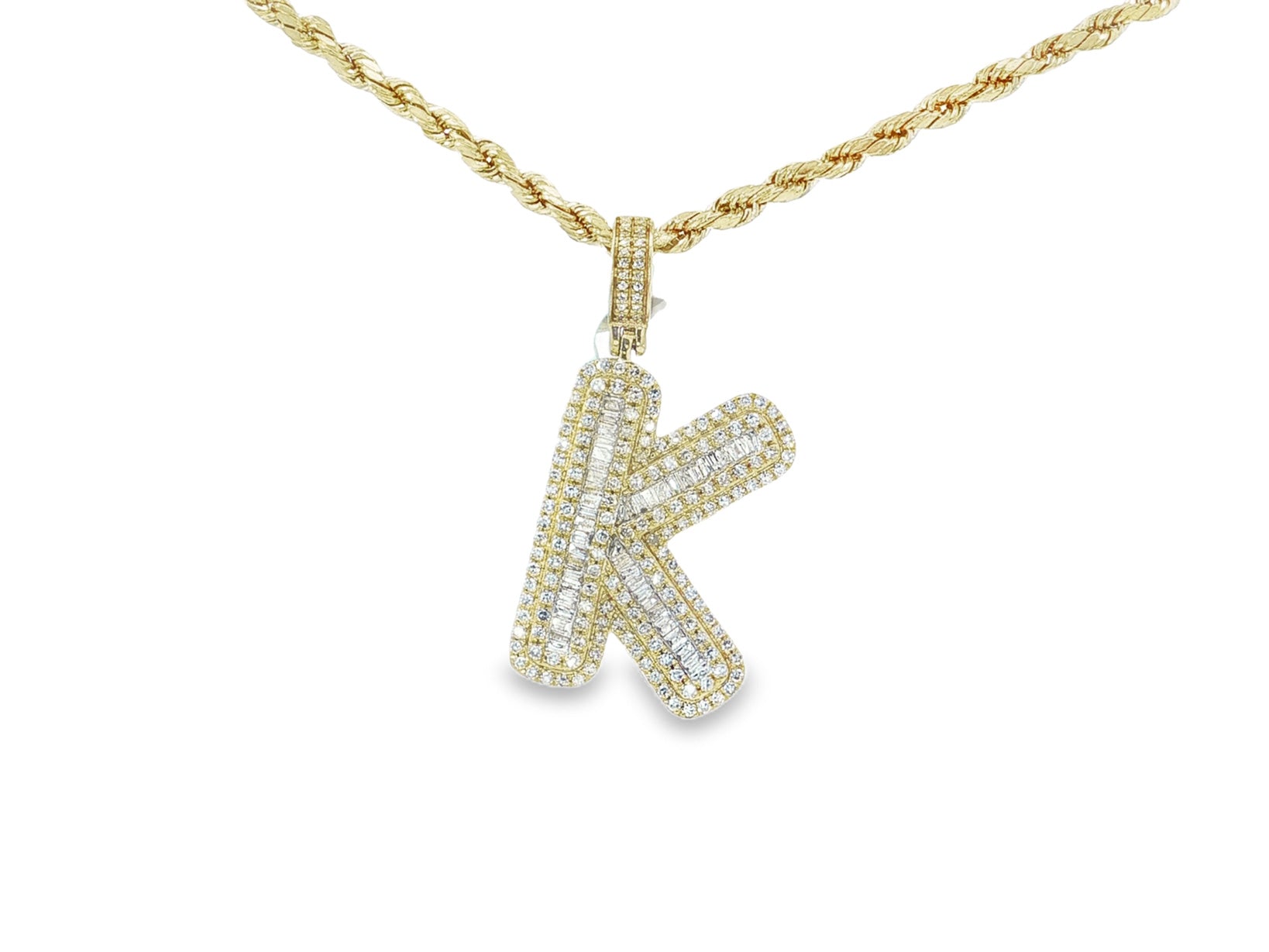 10k Gold Baguette & Round Natural Diamond Initial Pendant 1.00ct